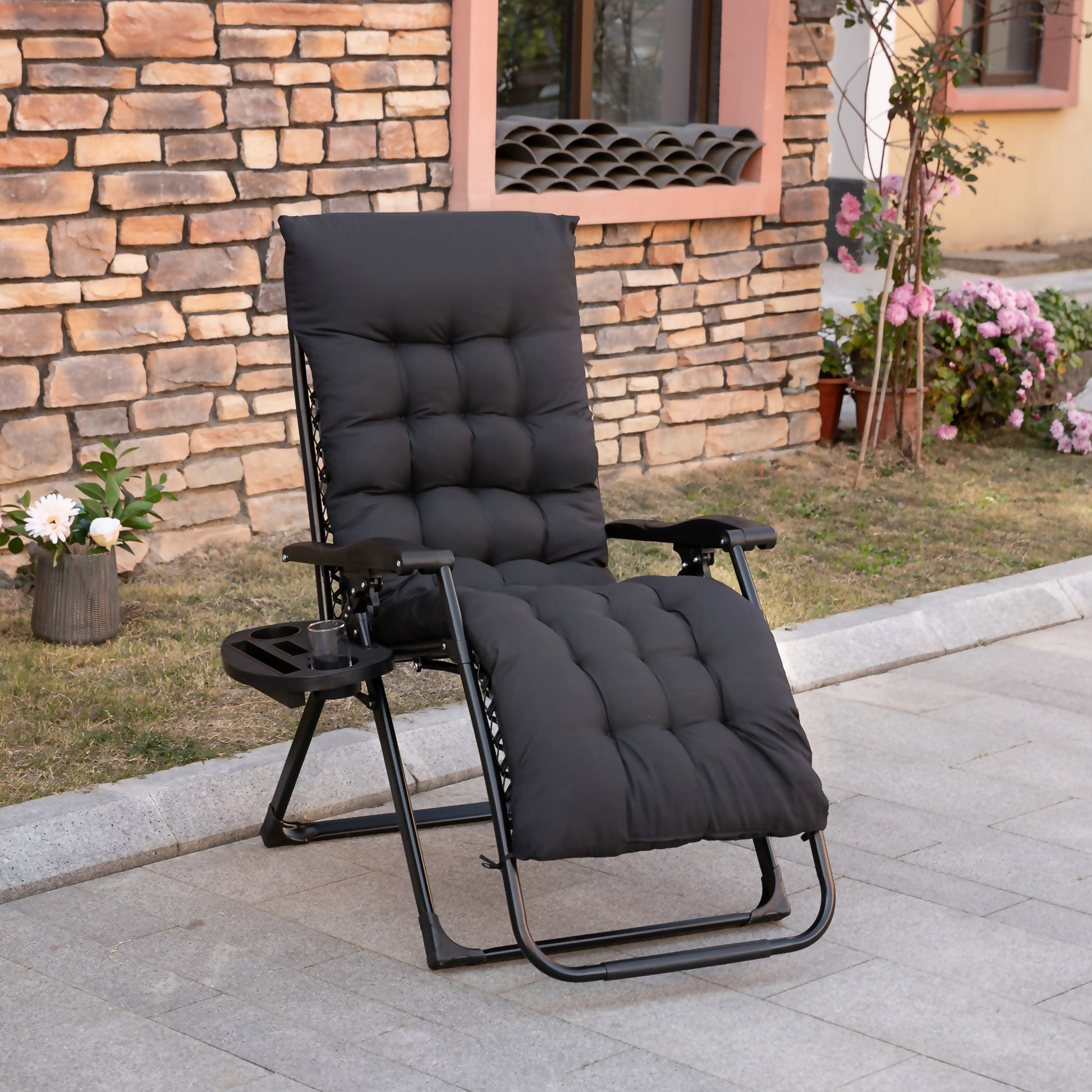 Zero-gravity-chair,-reclining-lounge-chair-with-padded-cushion--Side-Tray-Black-Outdoor-Chairs