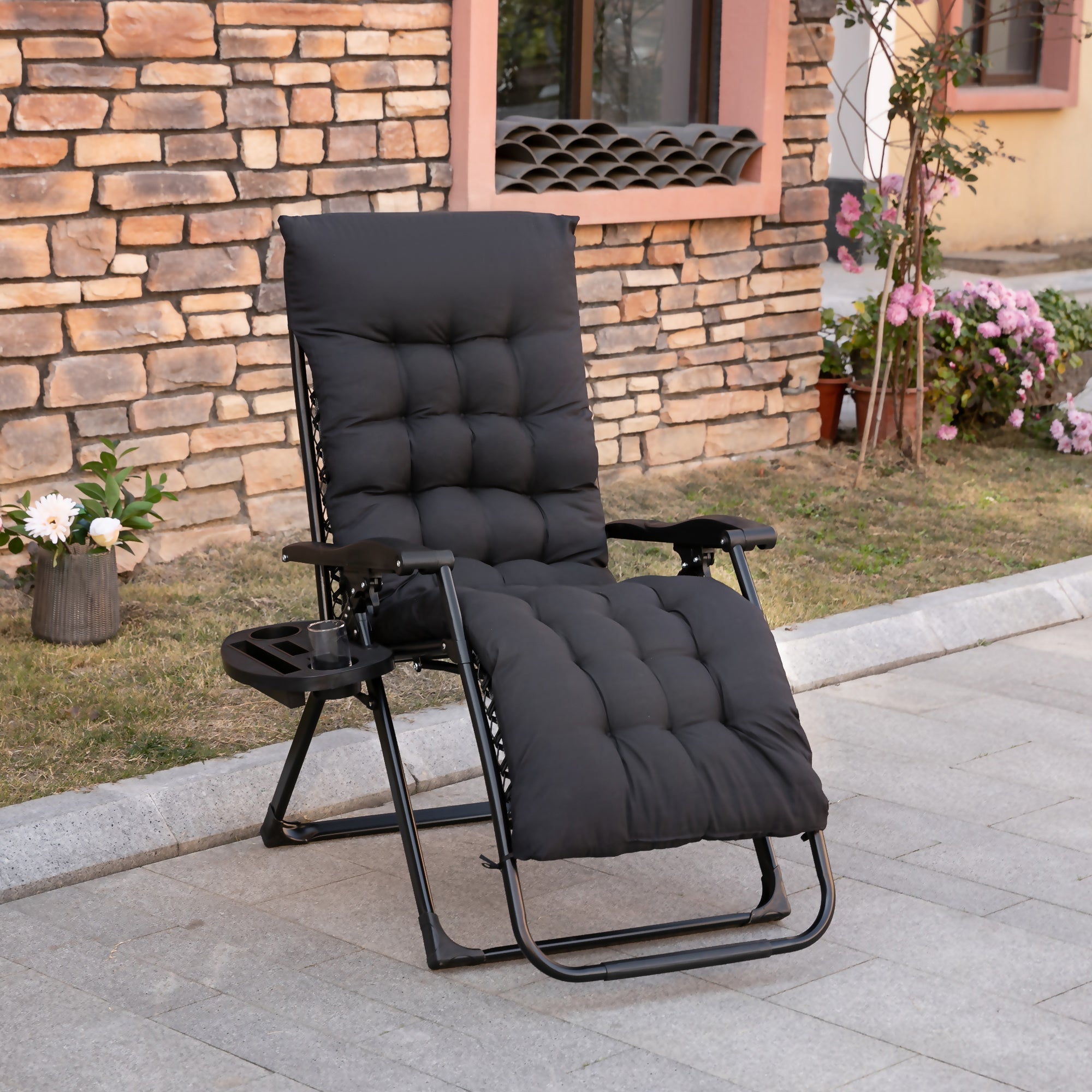 Zero-gravity-chair,-reclining-lounge-chair-with-padded-cushion--Side-Tray-Black-Outdoor-Chairs