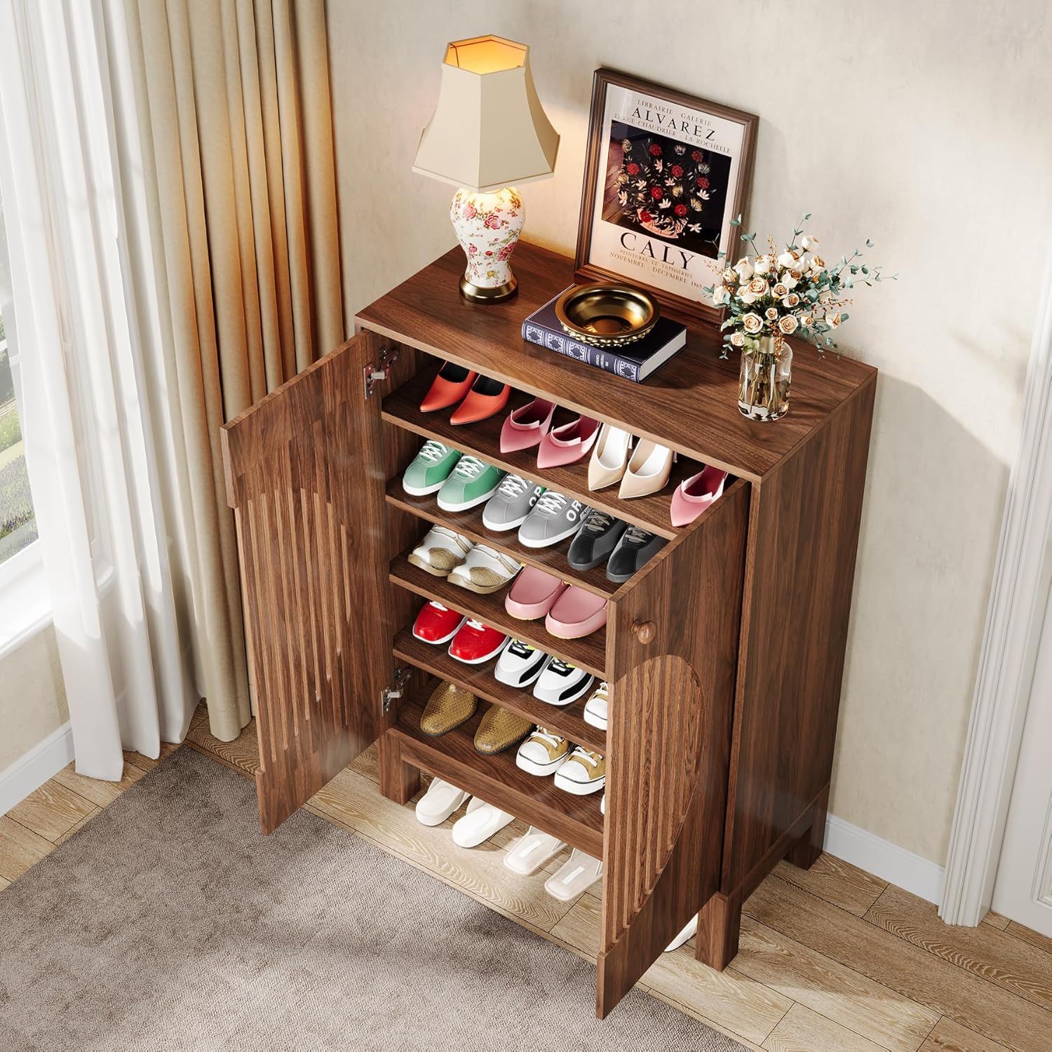 5 Tier Shoe Cabinet With Round Louvered Doors, Storage Organizer - Brown