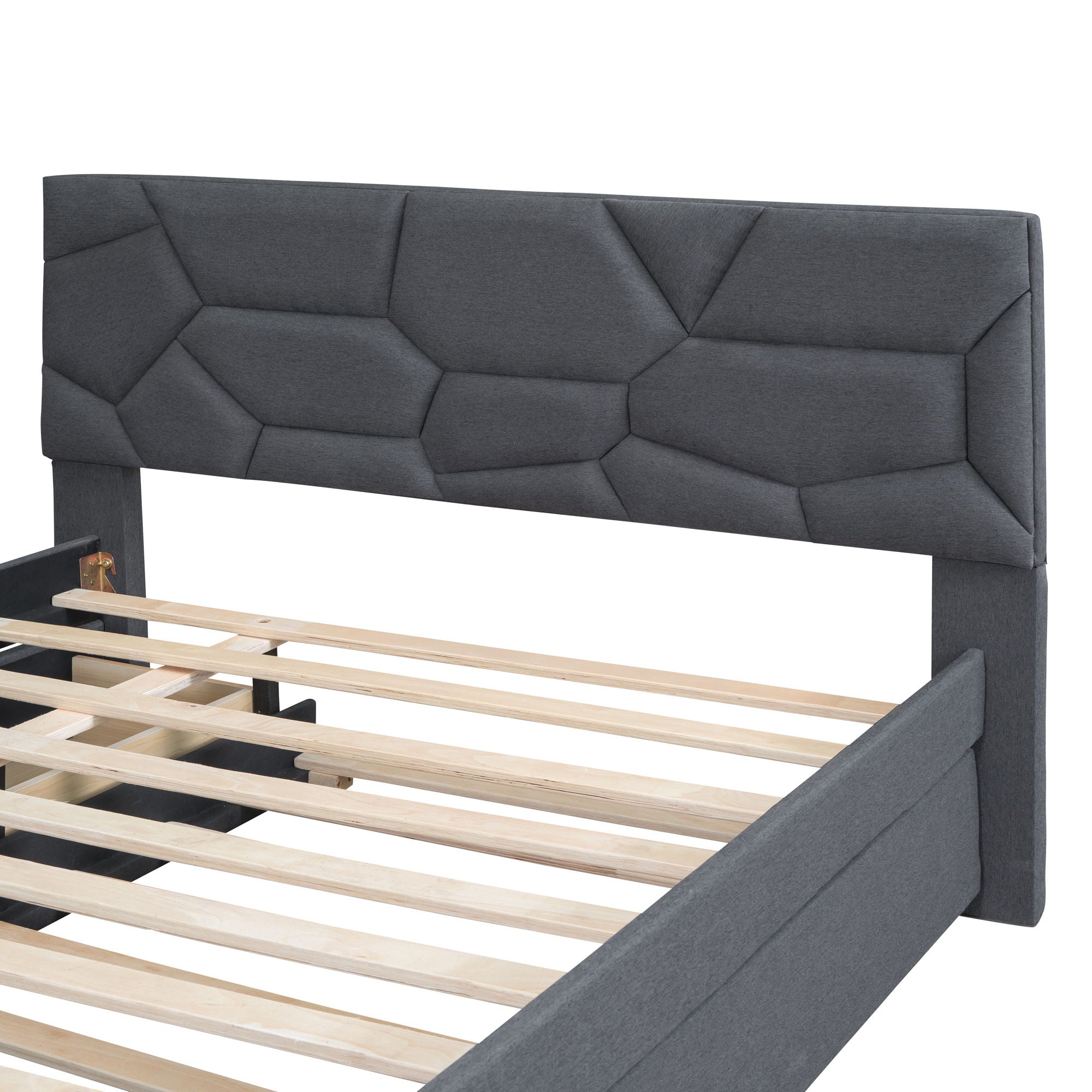 Upholstered Platform Bed With Brick Pattern Headboard And Twin Long Size Trundle