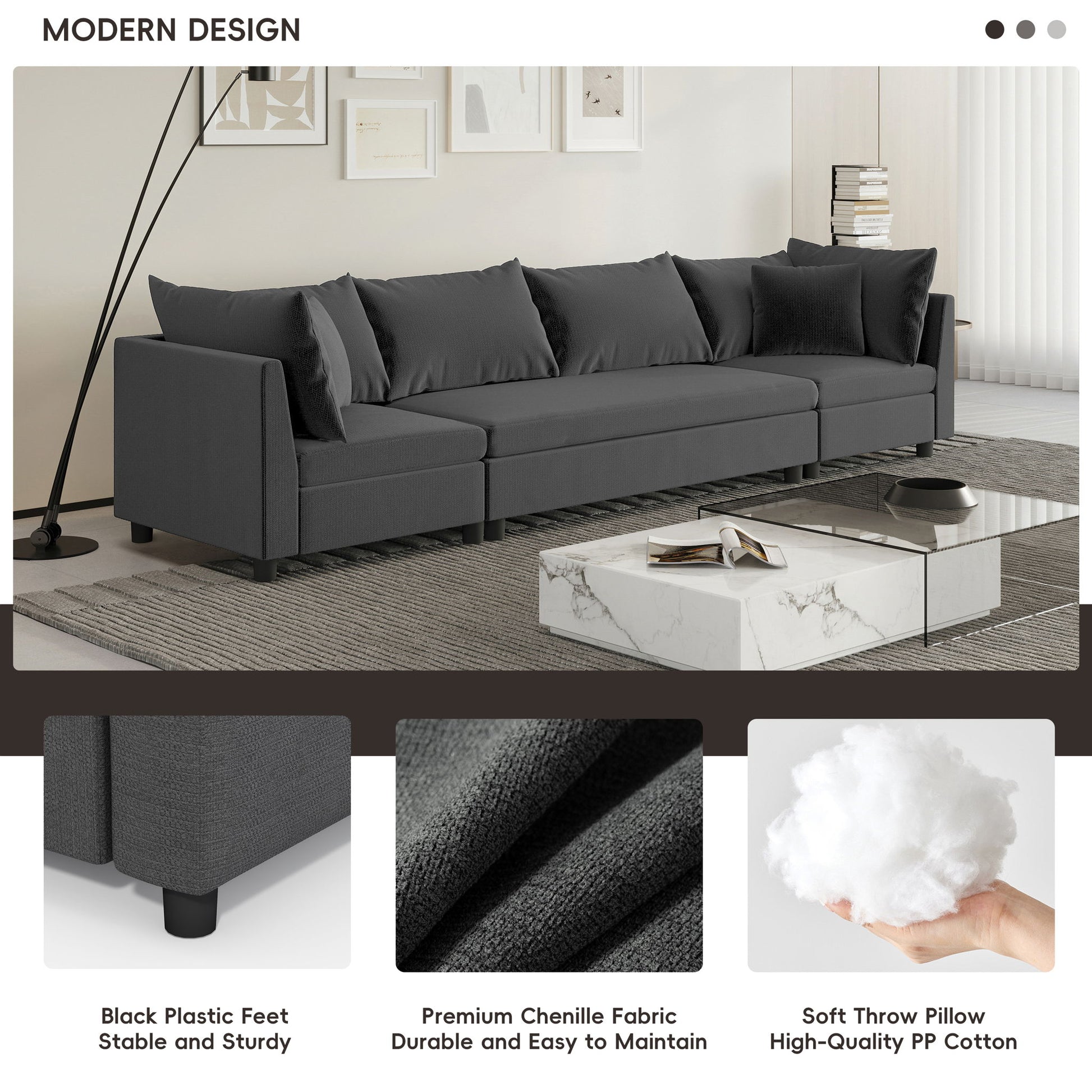 Modern Modular Sectional Oversized 4 Seat Couch Set & 4 Pillows, Minimalist Style Wide Seat Comfy Sofa - Gray - Best Buy Furniture