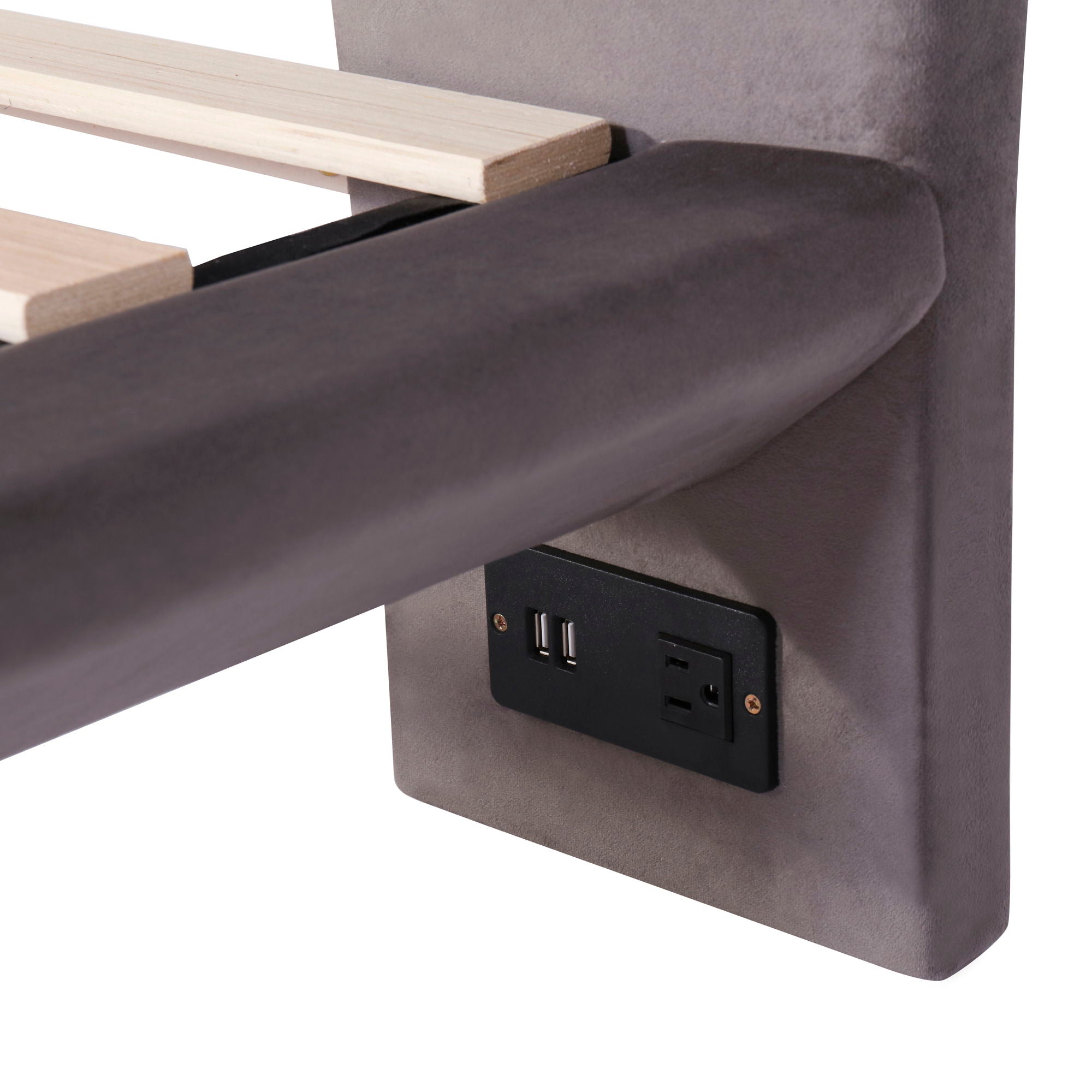 Upholstered Platform Bed With Sensor Light And 2 Large Backrests, With 2 Sets Of USB Port And Socket On Each Rear Bed Leg