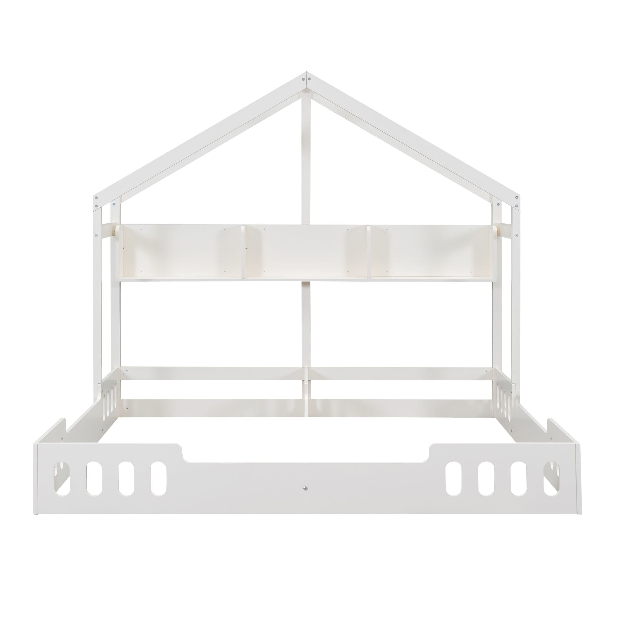 Twin Size Platform Bed With Shared Design, Guardrails, And Built In Shelves - Creamy White