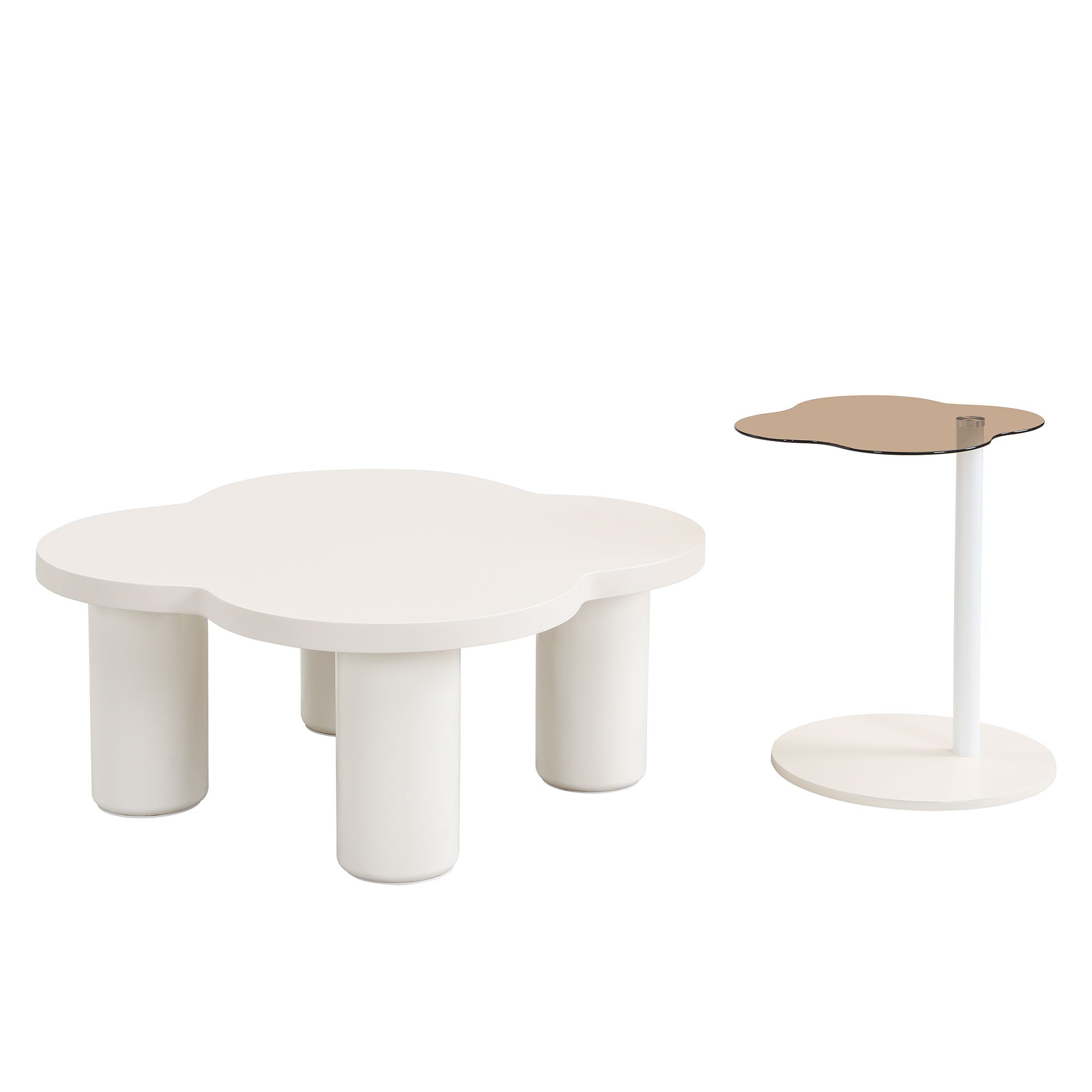 Modern Coffee Table (Set of 2), Irregular Shape Coffee Table With Four Roman Column Legs And End Table With Glass Top For Living Room - White