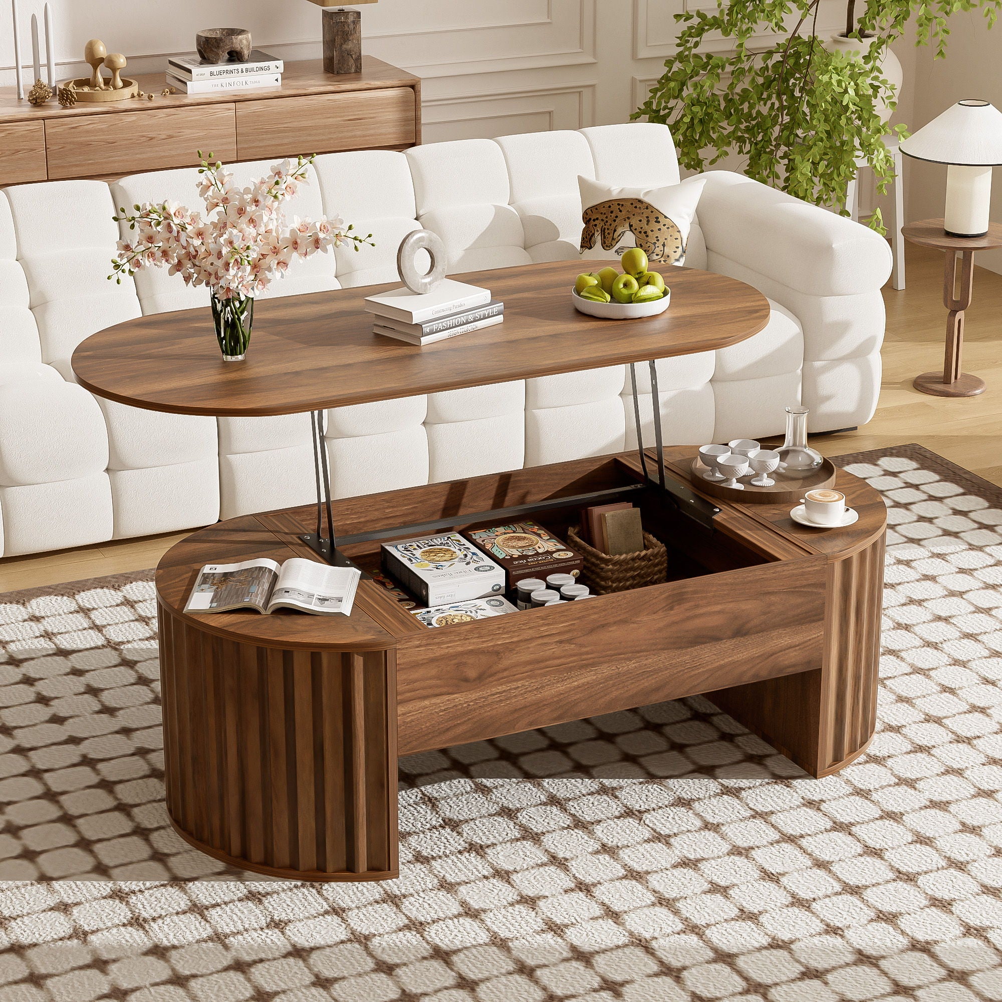 Lift Top Coffee Table With Hidden Compartment, Partially Assembled Wooden Center Table, Modern Oval Lift Tabletop For Home Living Room - Brown
