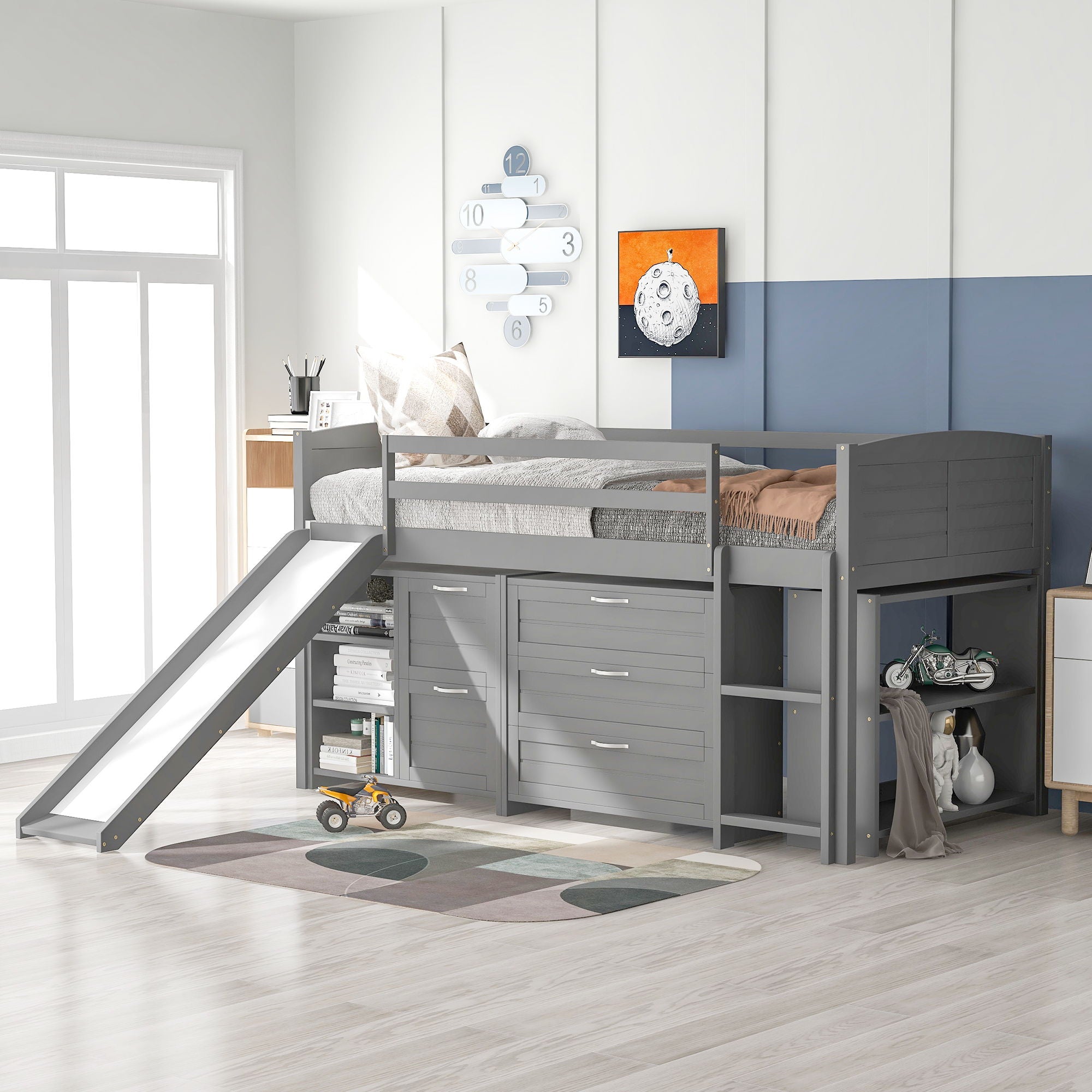 Loft Low Bed With Cabinets, Shelves And Slide