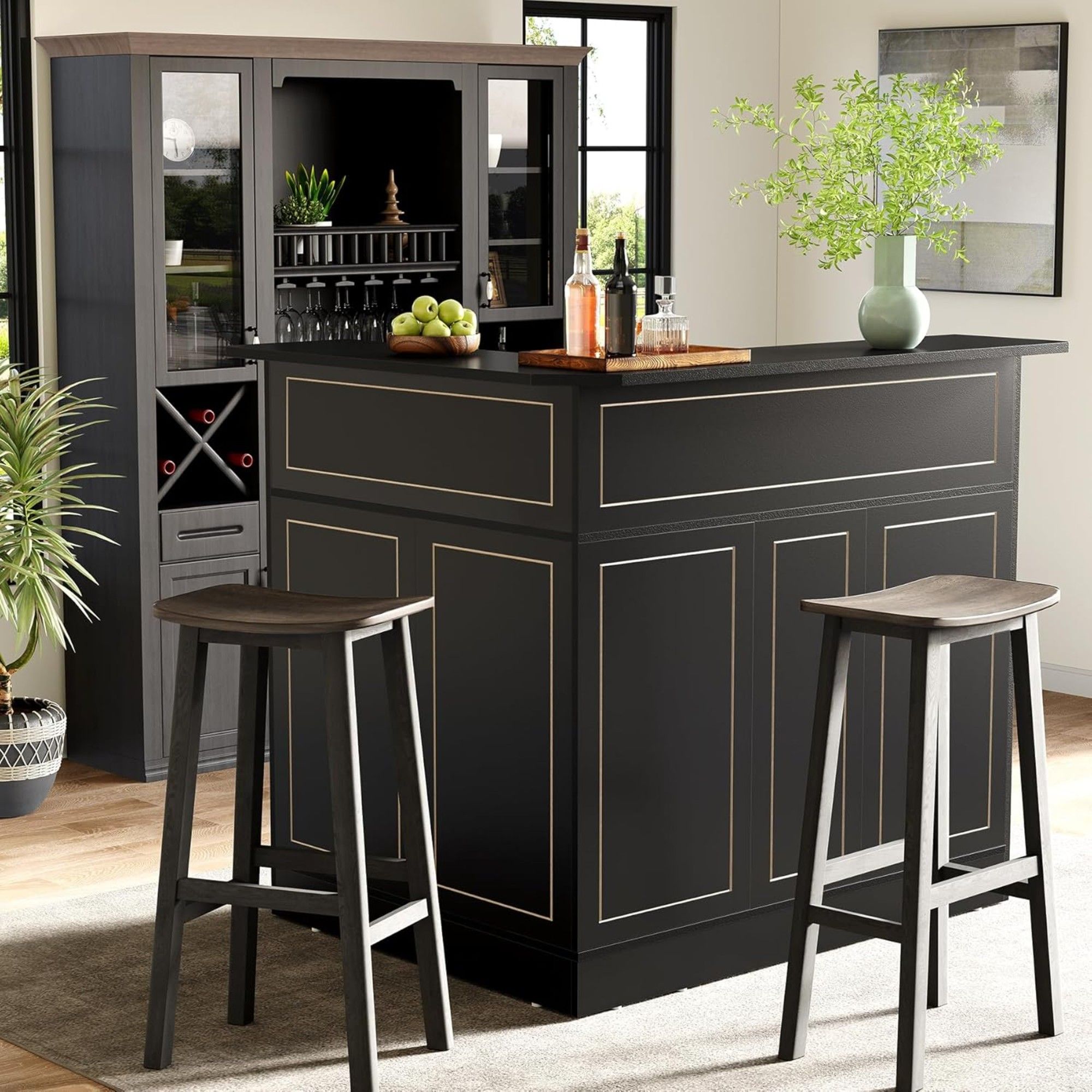 L-Shaped Home Bar Cabinet With Stemware Racks, 4 Tier Corner Unit, Liquor Wine Bar Table & Reception Desk For Home Pub - Black