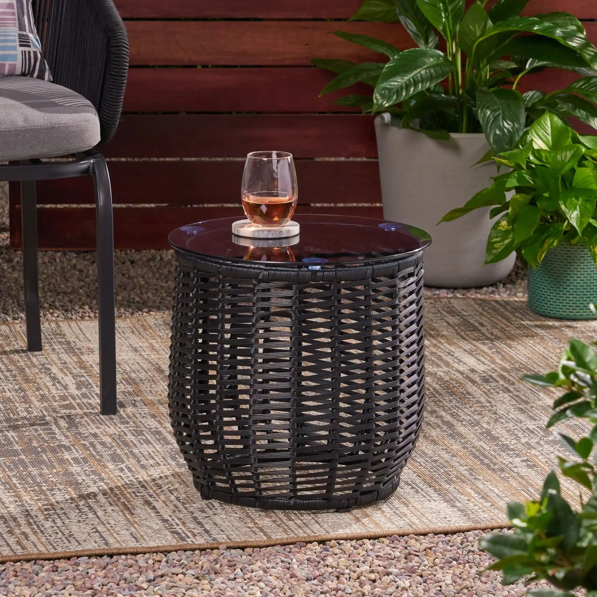 Boho Arias - Side Table With Tempered Glass Top And Rattan Wrap