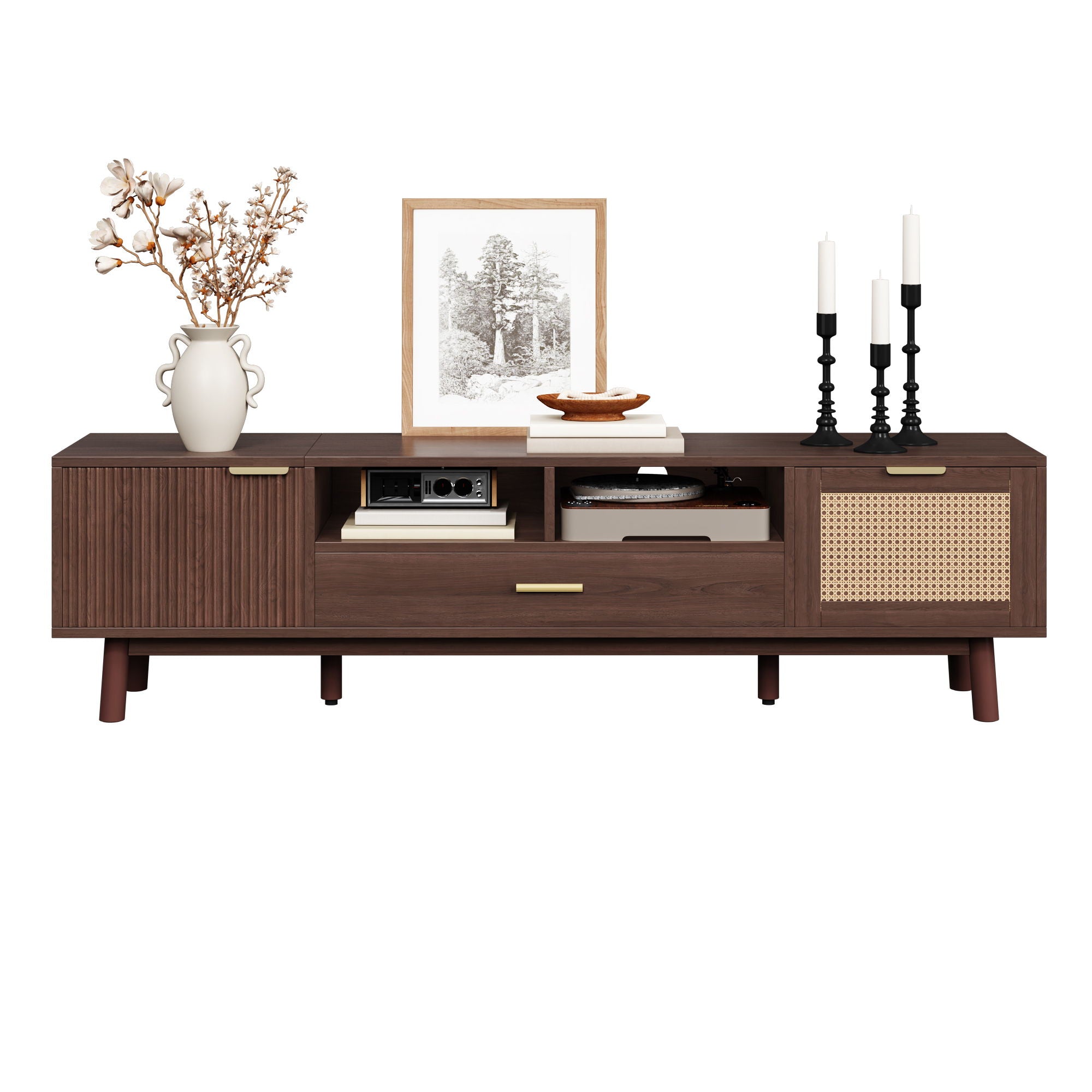 TV Stand For 75" TVs With Soft Closing Doors, Console With Accents And Drop Down Cabinet - Dark Brown