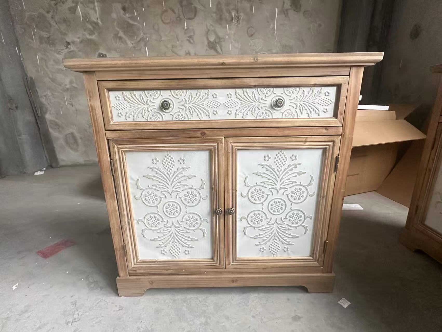 Rustic Vintage Accent Cabinet with Carved Floral Panels