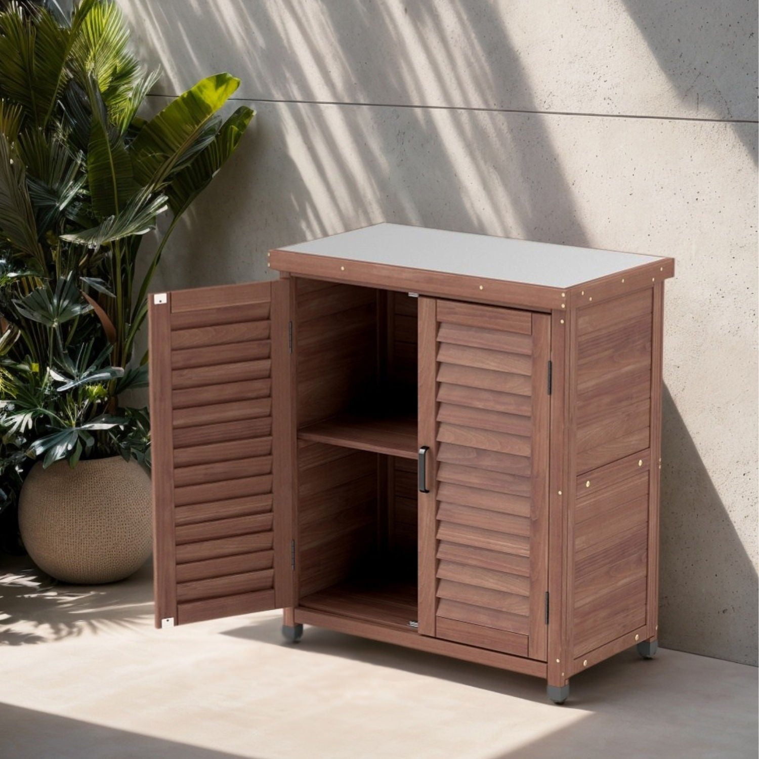Potting Bench With Storage Cabinet And Metal Table Top For Outdoor - Best Buy Furniture