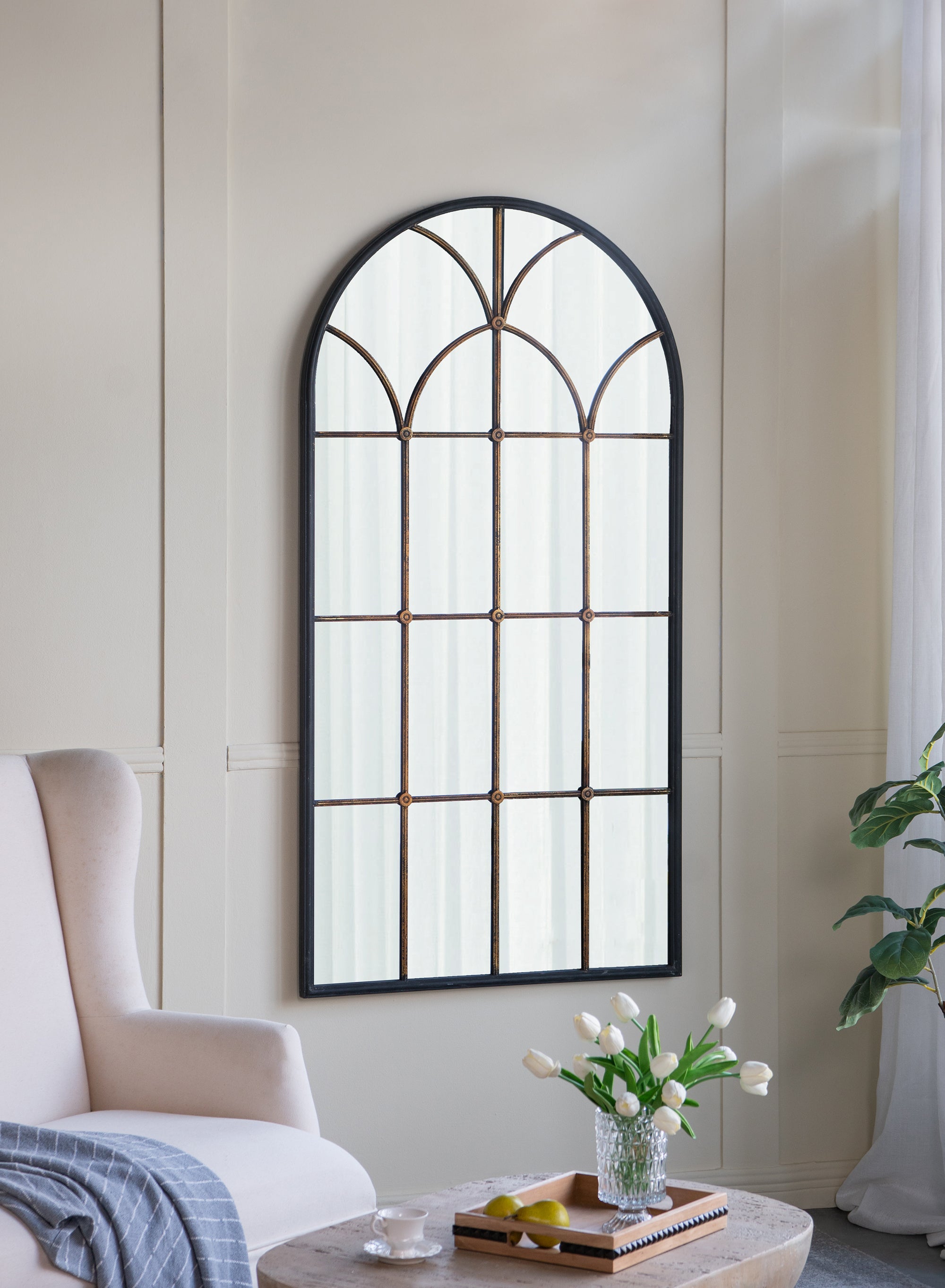 34x65.5' Arched Full-Length Mirror with Black and Gold Windowpane Design