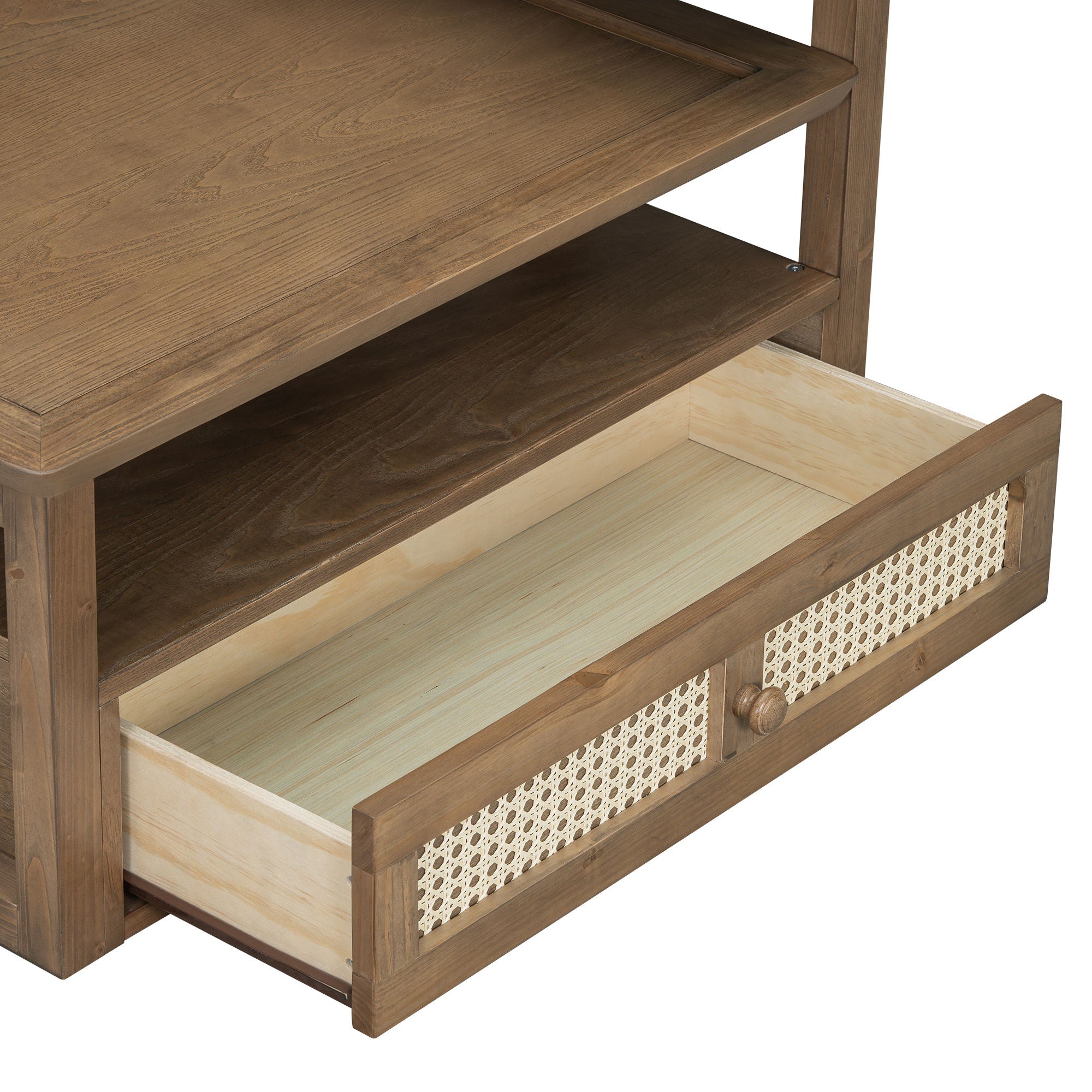 Coffee Table With 1 Storage Shelf, 2 Tabletops And 1 Rattan Drawer
