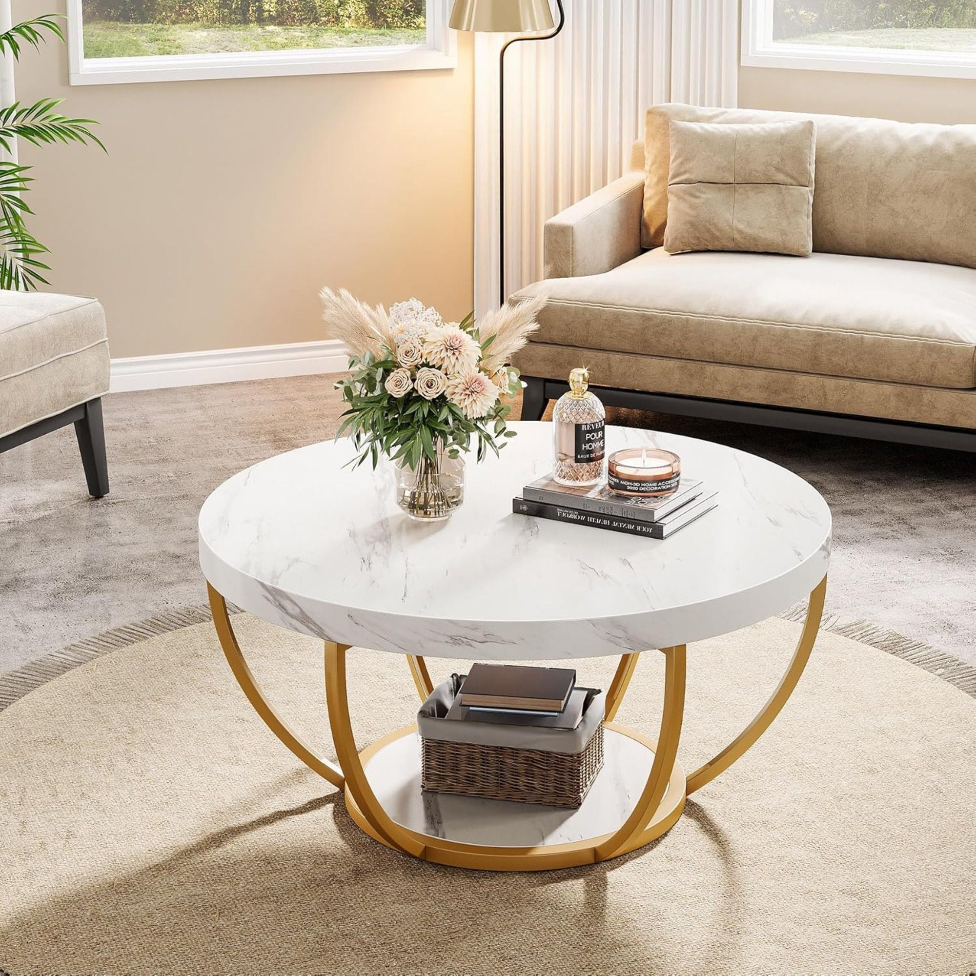2 Tier Circle Coffee Table With Storage Shelves