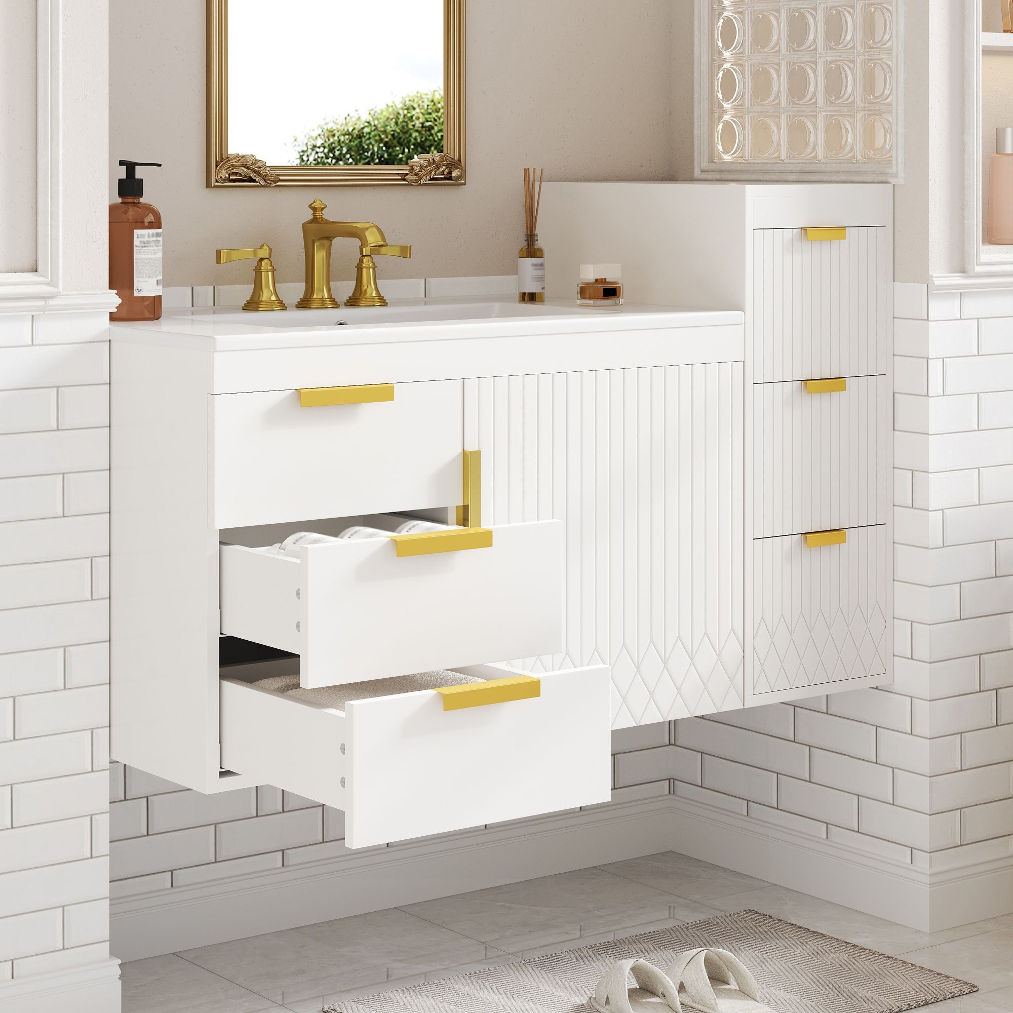 Wall Mounted Bathroom Cabinet With Side Cabinet Combo With Soft-Closing Doors And Drawers, Ceramic Sink