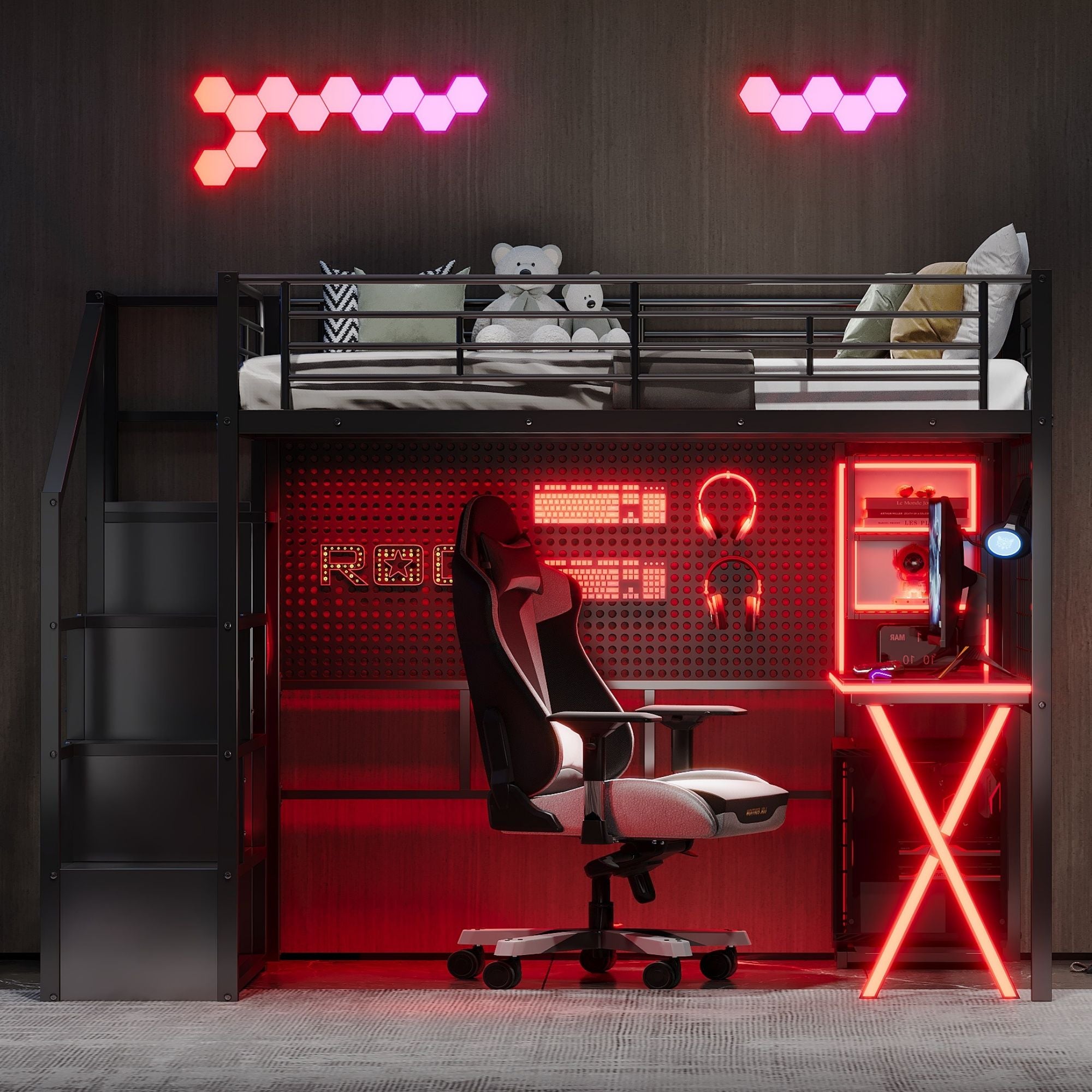 Loft Bed With Built In Work Station, Wardrobe, Storage Staircase And LED