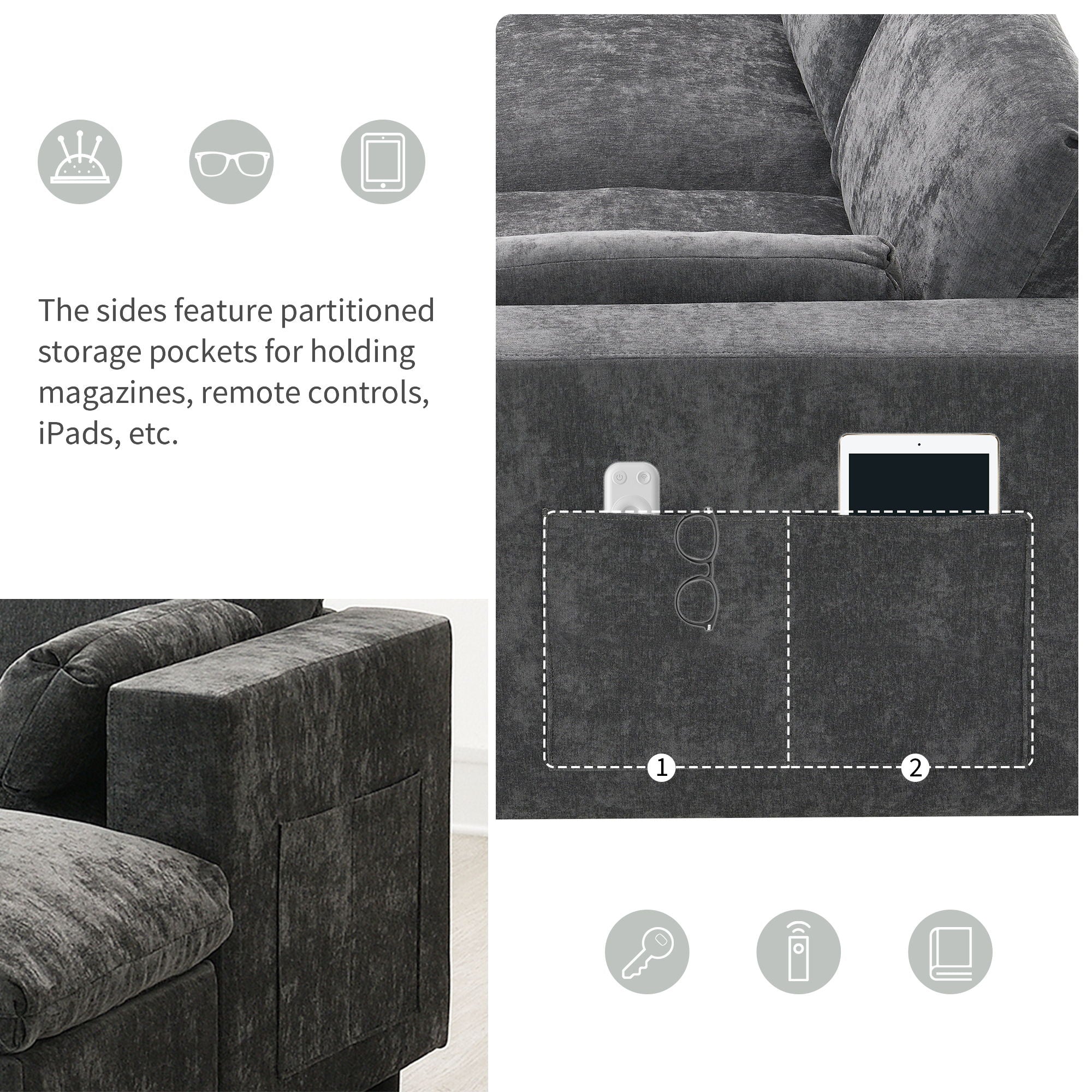 Modular Sectional With Storage Pockets, 5 Seat U Shaped Couch Set With Pillows, Free Combination Modern Cloud Sofa With 2 Movable Ottoman