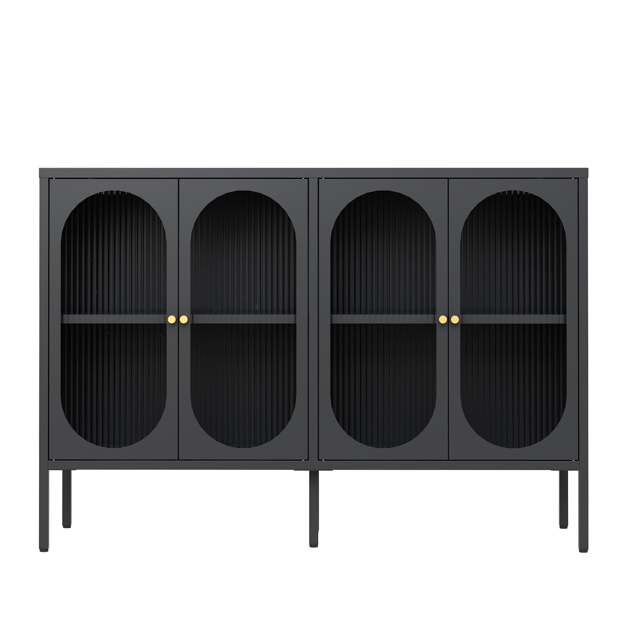 Modern Metal Sideboard Cabinet With 4 Glass Doors, Steel Kitchen Storage And Coffee Bar Cabinet - Black