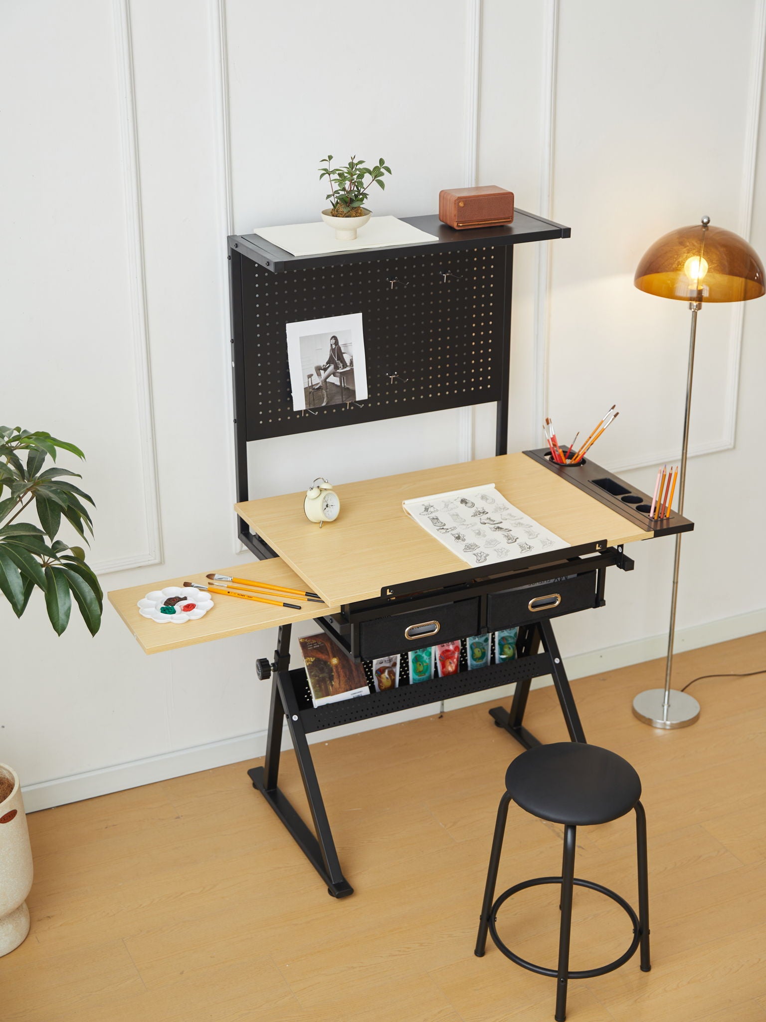 Drafting Table With Metal Perforated Board Pannel - Black / Brown - Best Buy Furniture