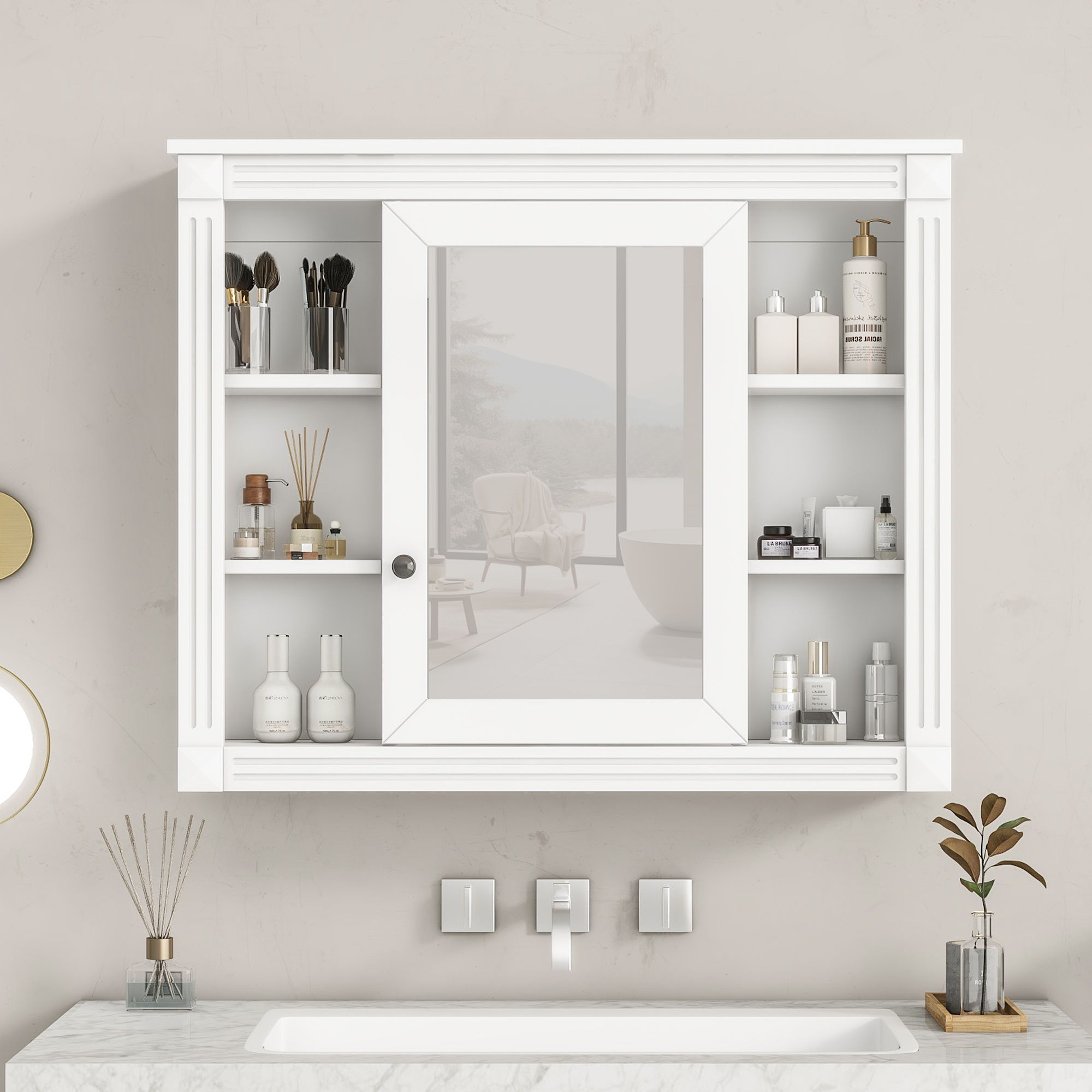 Wall Mounted Bathroom Storage Cabinet With Mirror, 6 Open Shelves
