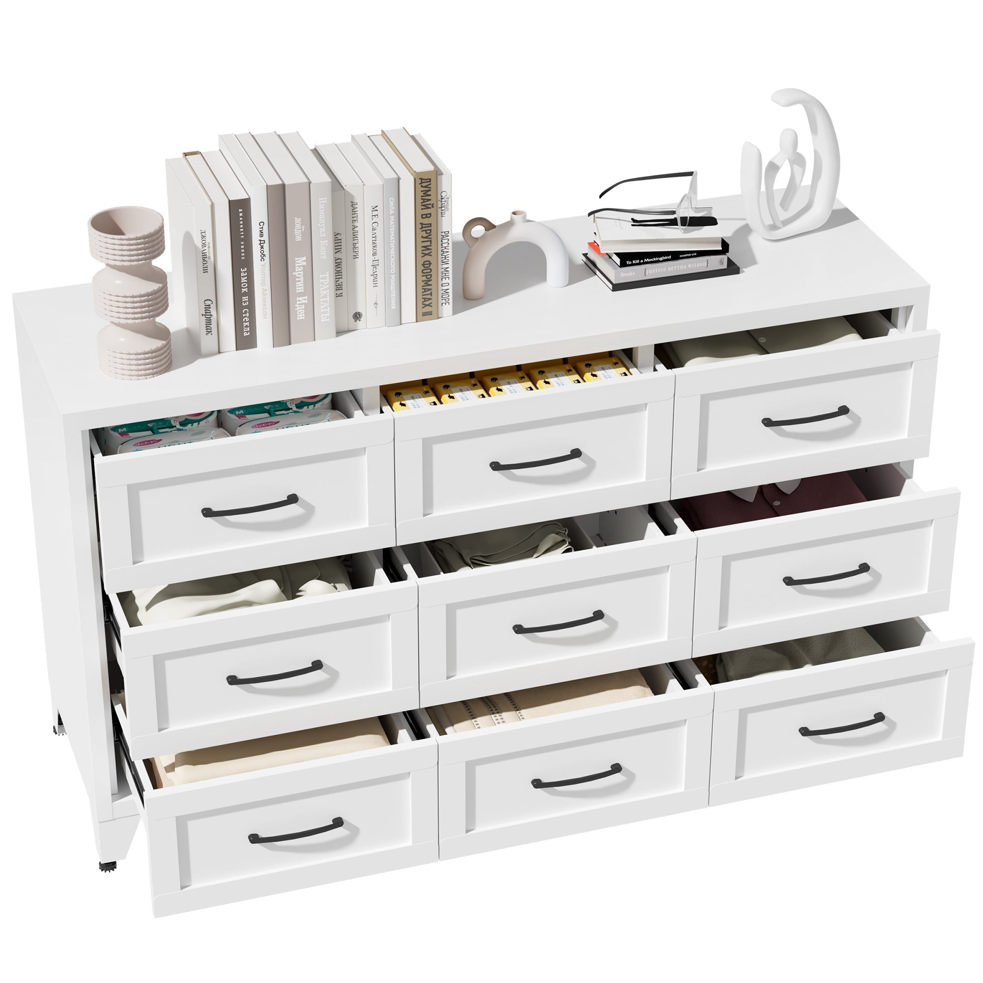 9 Drawer Dresser for Bedroom, Metal Profile Chest of Drawers, White Bedroom Dresser with Storage Drawers for Closet, Hallway, Entryway, Steel Furniture with Quiet-Glide Rails, Easy-Clean & Scratch