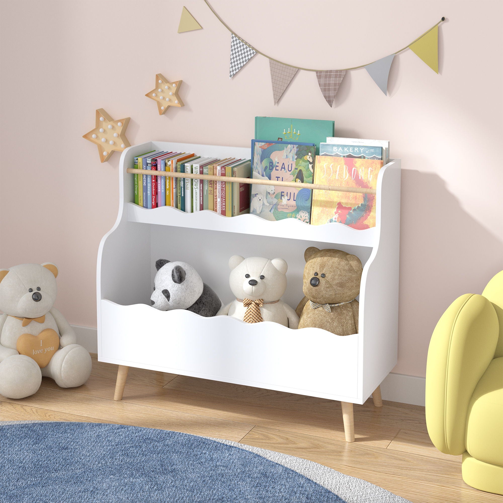 Kids Bookcase, Children Book Organizer Toy Storage Cabinet - White