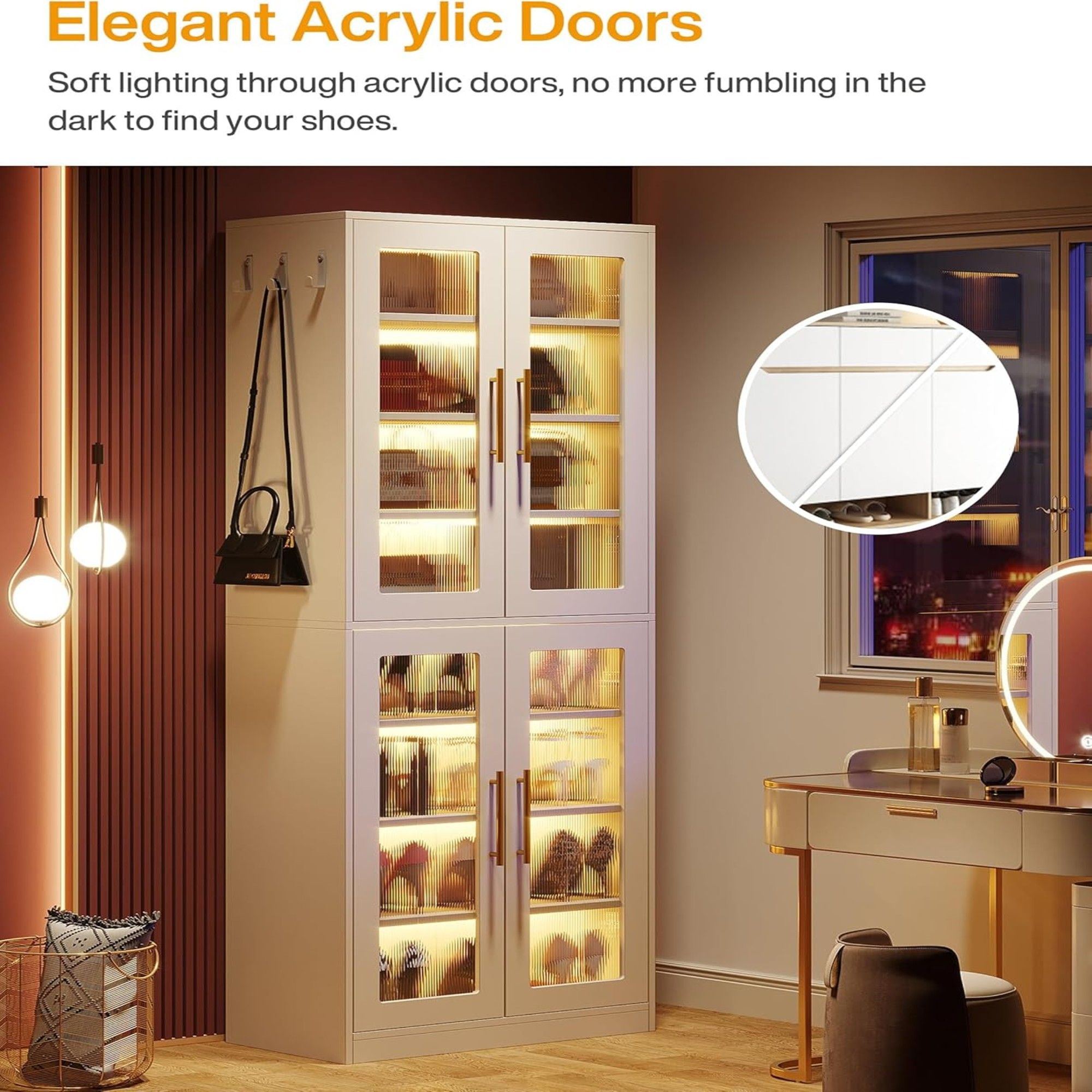 Bookcase With Doors And LED Lighting, 8 Adjustable Shelves Storage Cabinet