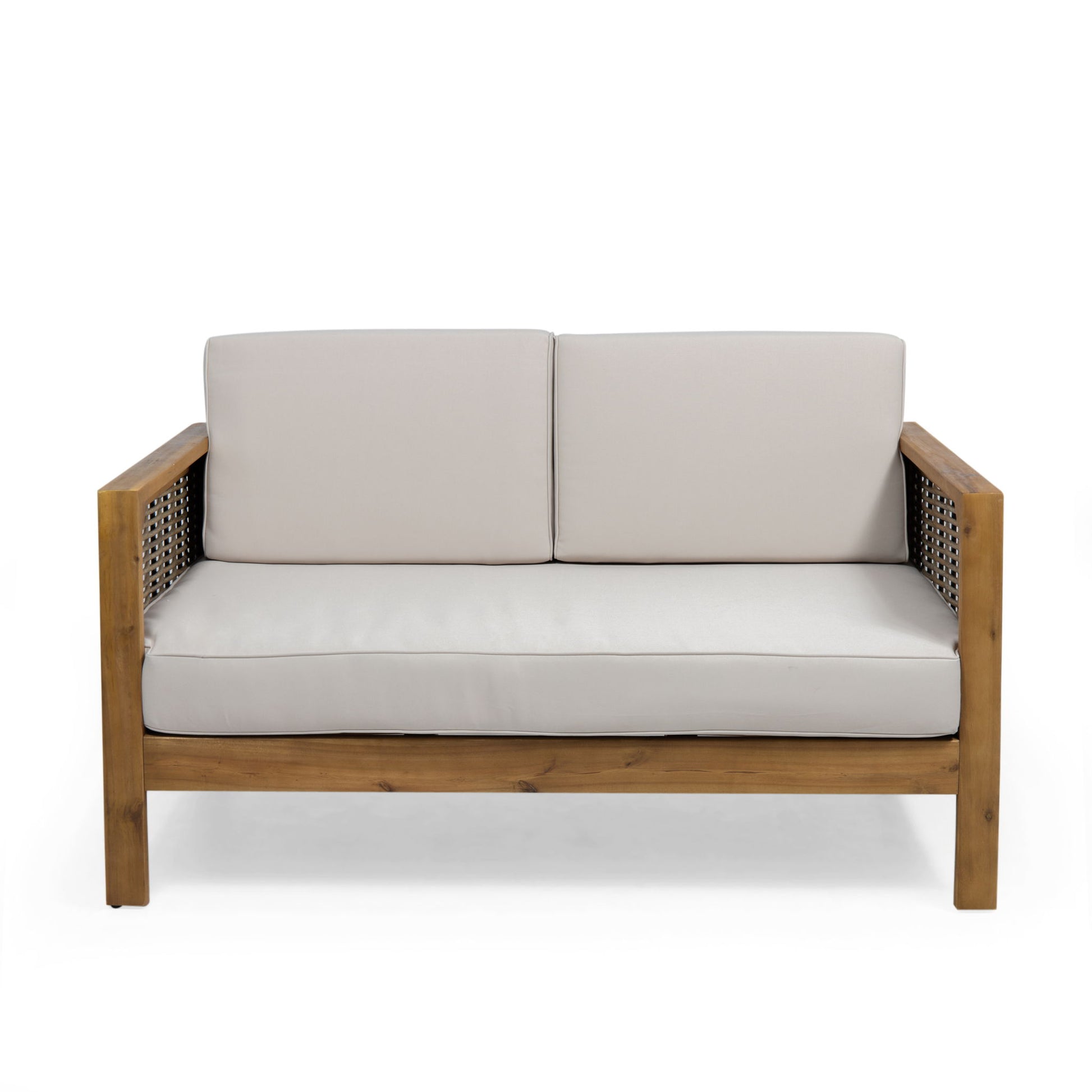 Outdoor 4 Seater Acacia Wood Chat Set With Wicker Accents And Cushions - Teak / Mixed Brown / Beige - Best Buy Furniture