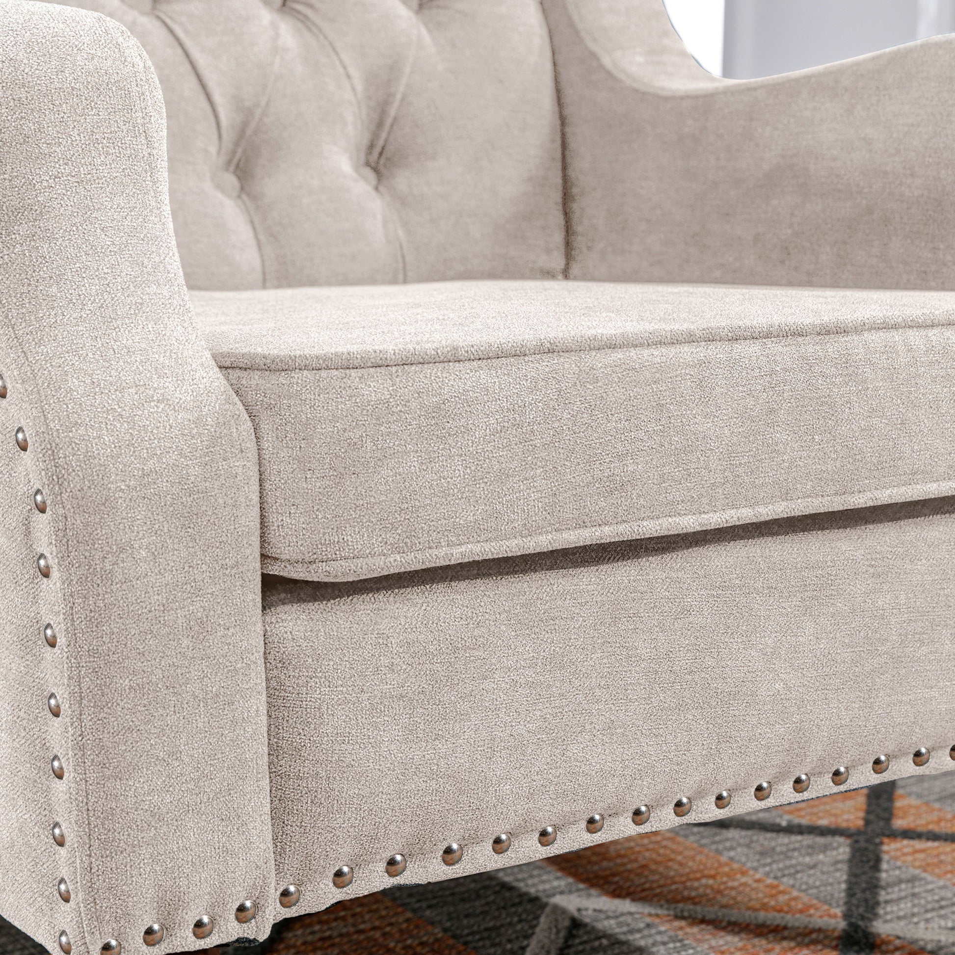 Accent Chair, Living Room Chair, Footrest Chair Set With Vintage Brass Studs, Button Tufted Upholstered Armchair For Living Room, Comfy Reading Chair For Bedroom, Reception Room - Best Buy Furniture