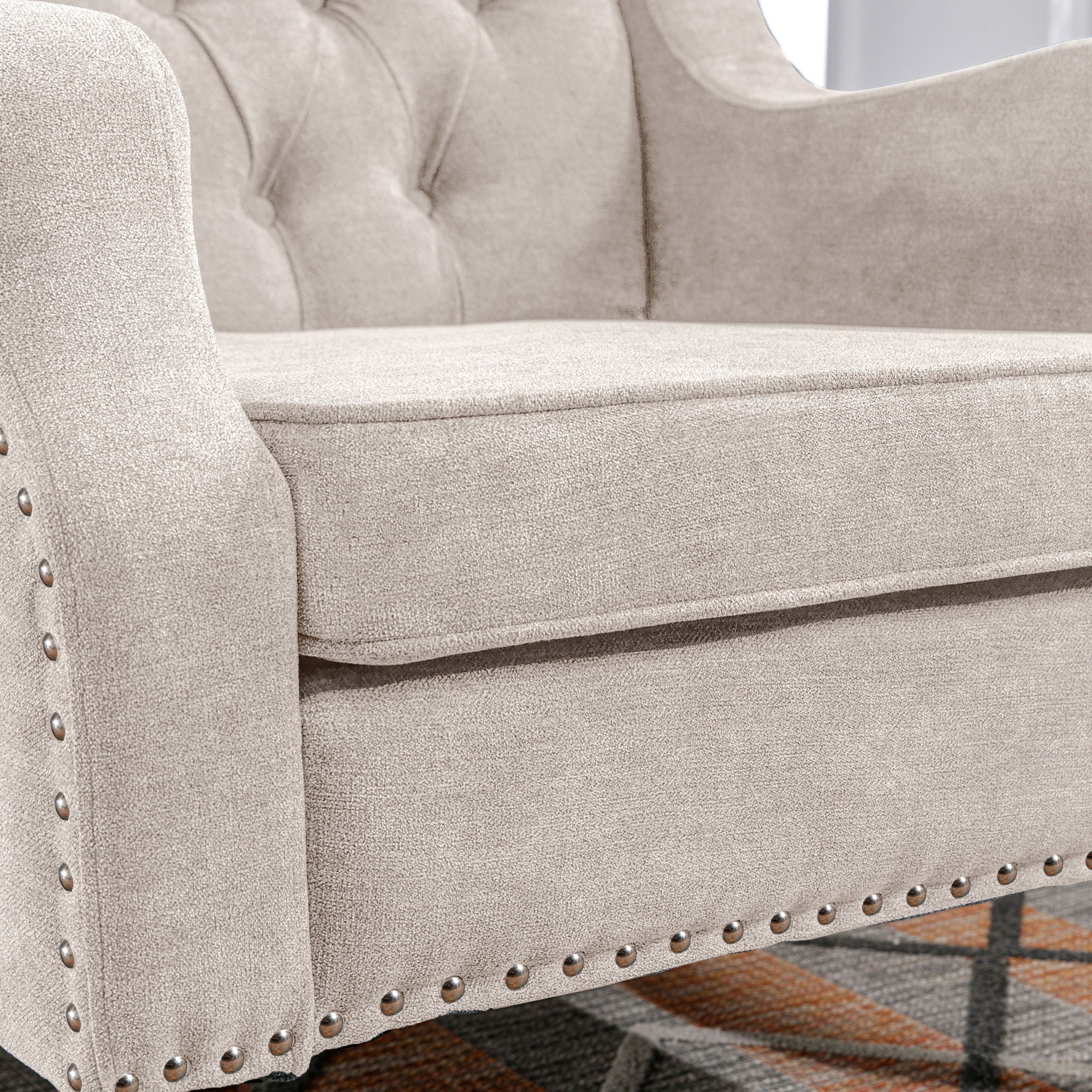 Accent Chair, Living Room Chair, Footrest Chair Set With Vintage Brass Studs, Button Tufted Upholstered Armchair For Living Room, Comfy Reading Chair For Bedroom, Reception Room - Best Buy Furniture