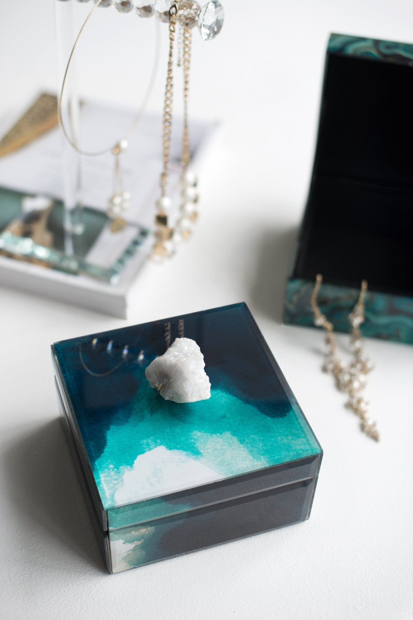 6 x 6 x 5 Bethany Aqua Jewelry Box, Stackable Decorative Storage Boxes With Lids - Tuesday Morning - Jewelry Boxes & Organizers