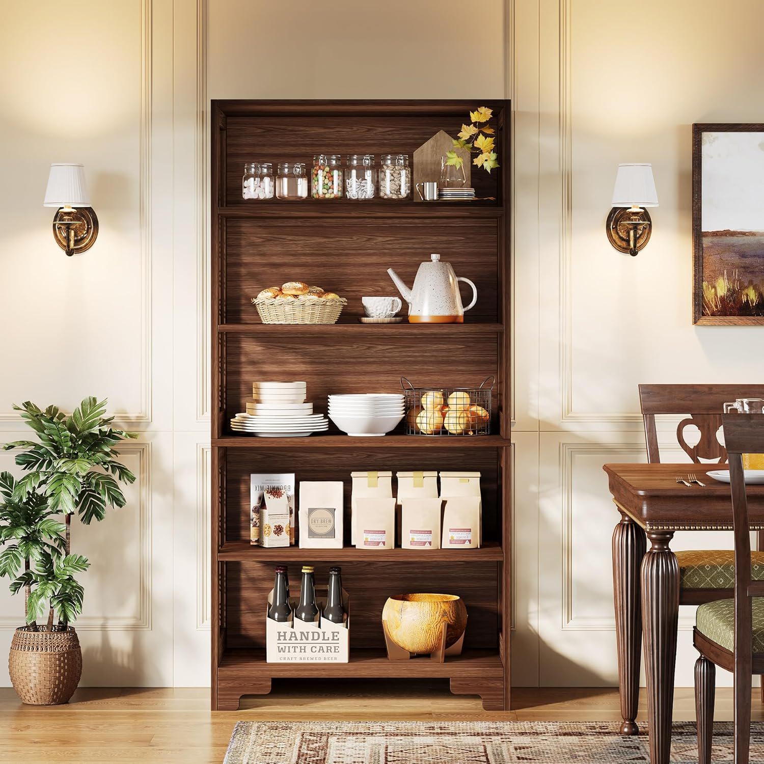 6 Tier Brown Mid Century Bookcase With X Design For Living Room - Brown