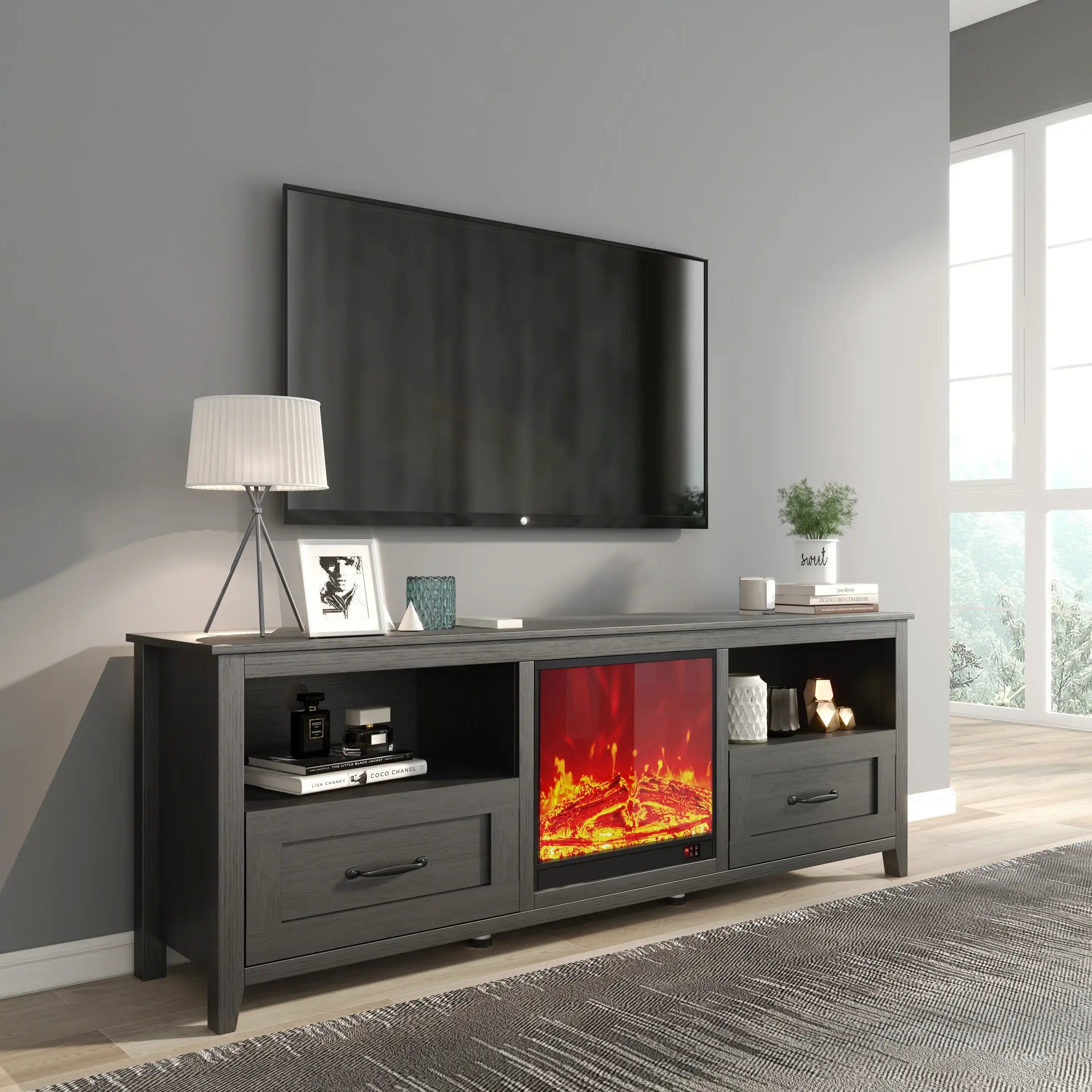 70 Inch Black TV Stand with Drawers, Living Room Furniture
