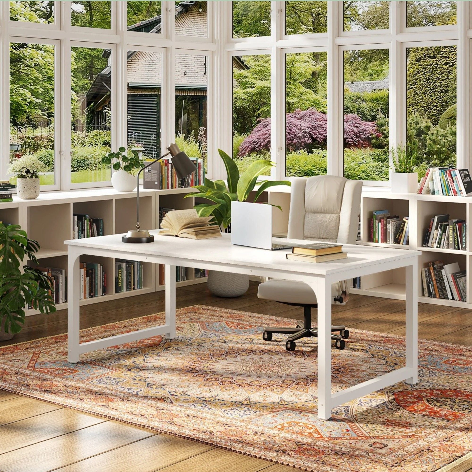 Executive Desk, Large Office Computer Workstation With Thick Frame - White