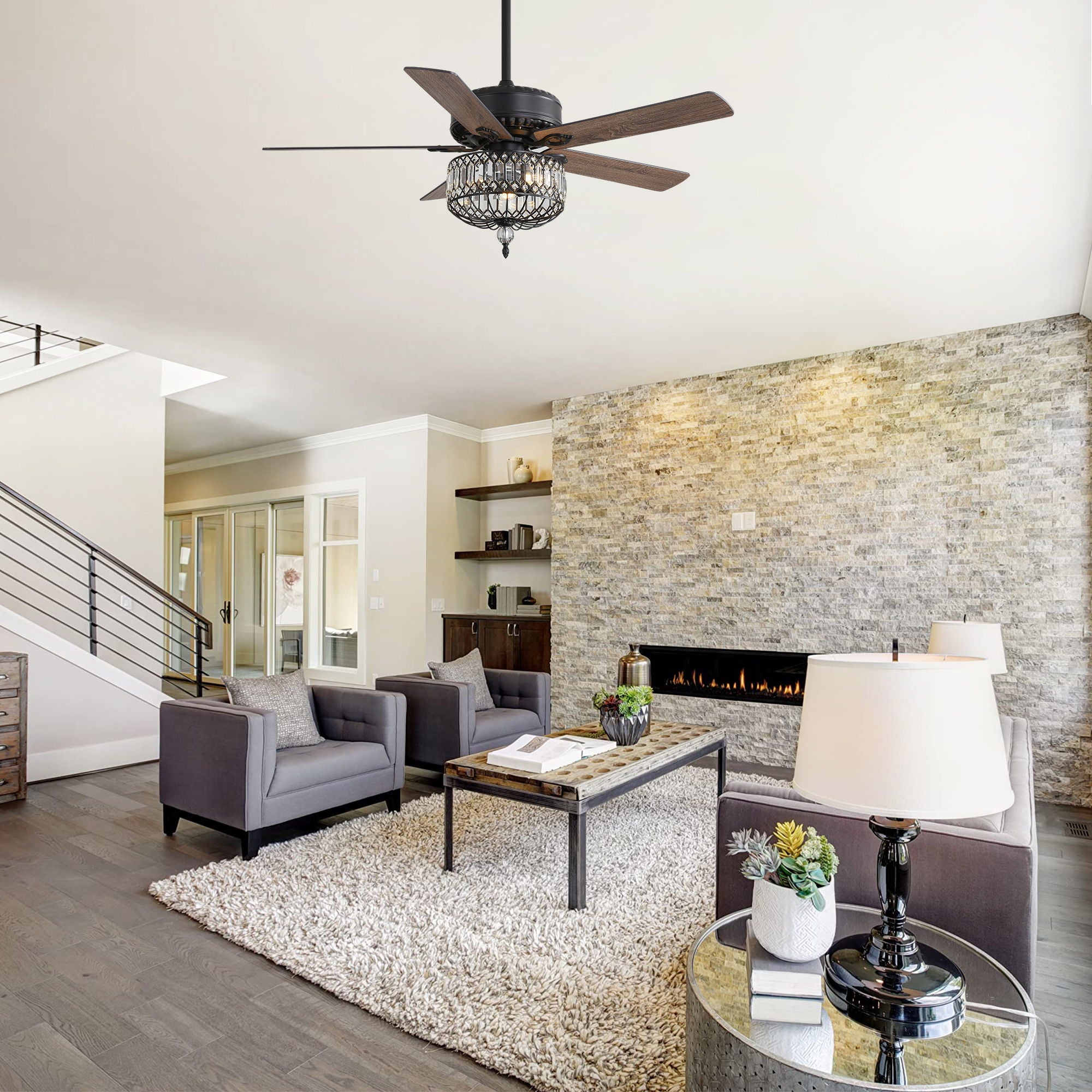 Ceiling Fan With Crystal Lampshade, 5 Blades, DC Motor, 6 Speed Remote Control, 1 / 4 / 8 Hour Timer - Black