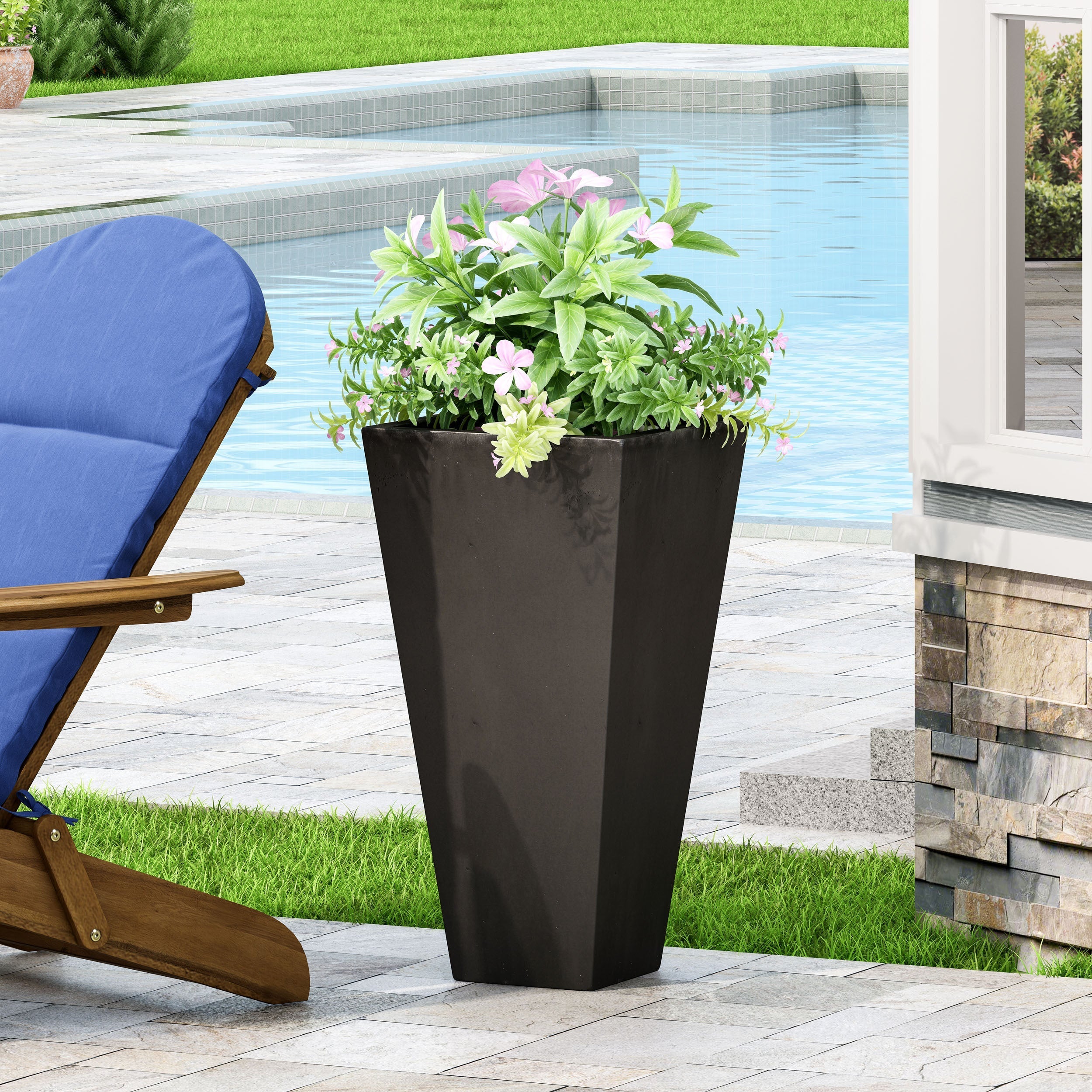 13' Outdoor Modern MGO Small Cast Stone Planter, Black