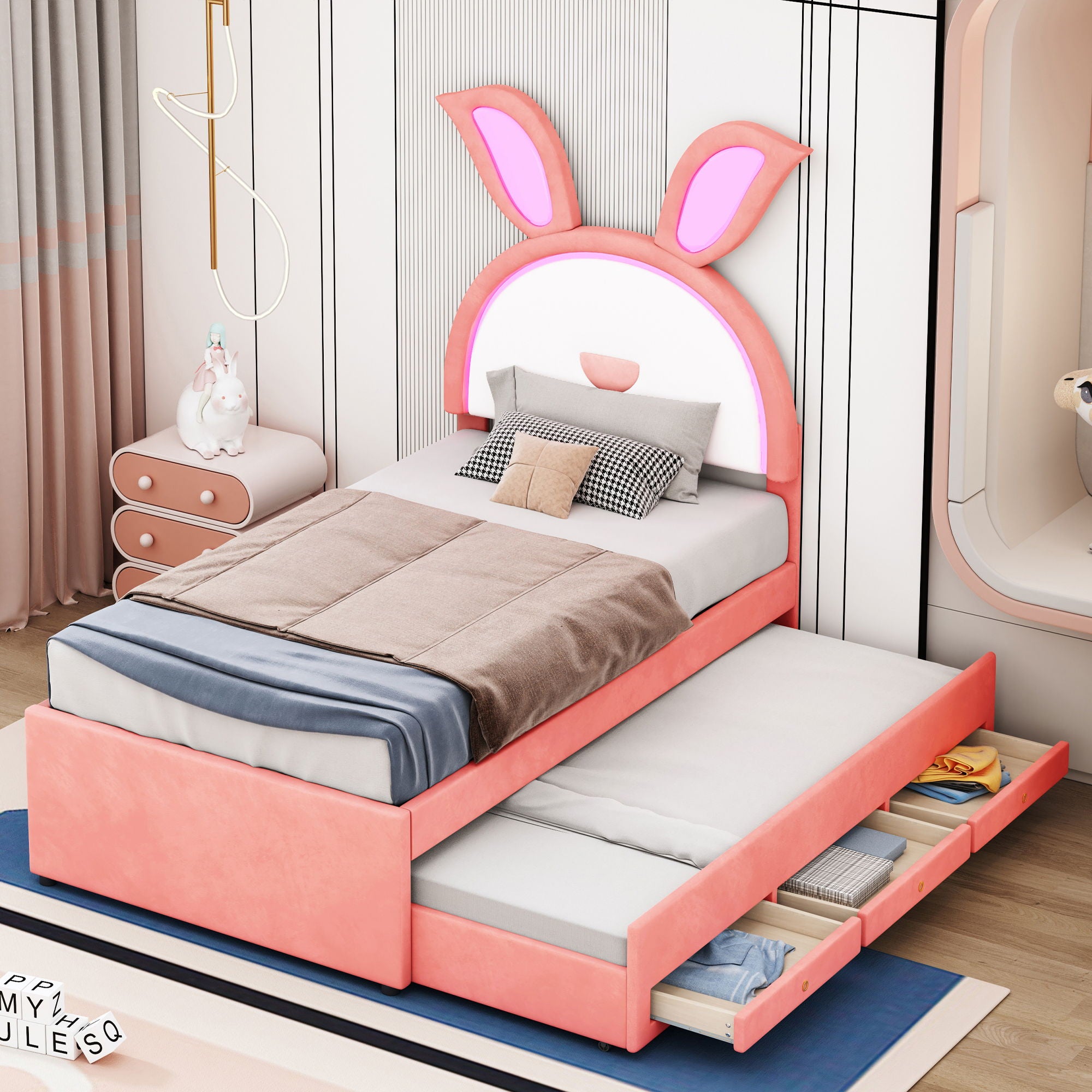 Upholstered Platform Bed With Trundle And 3 Drawers, Rabbit-Shaped Headboard With Embedded LED Lights