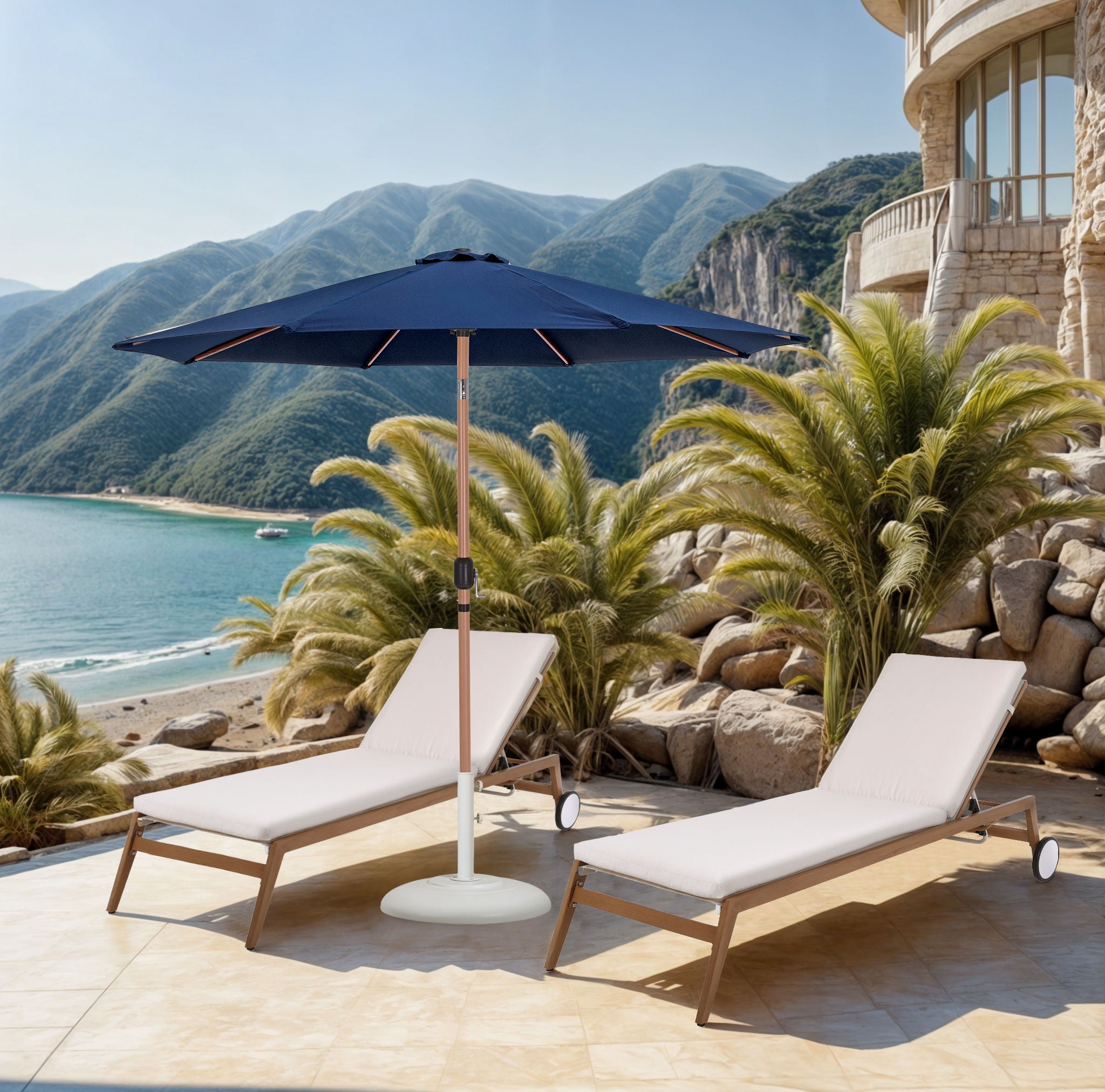 Fiji - Aluminum Patio Umbrella With Round White And Teak Base