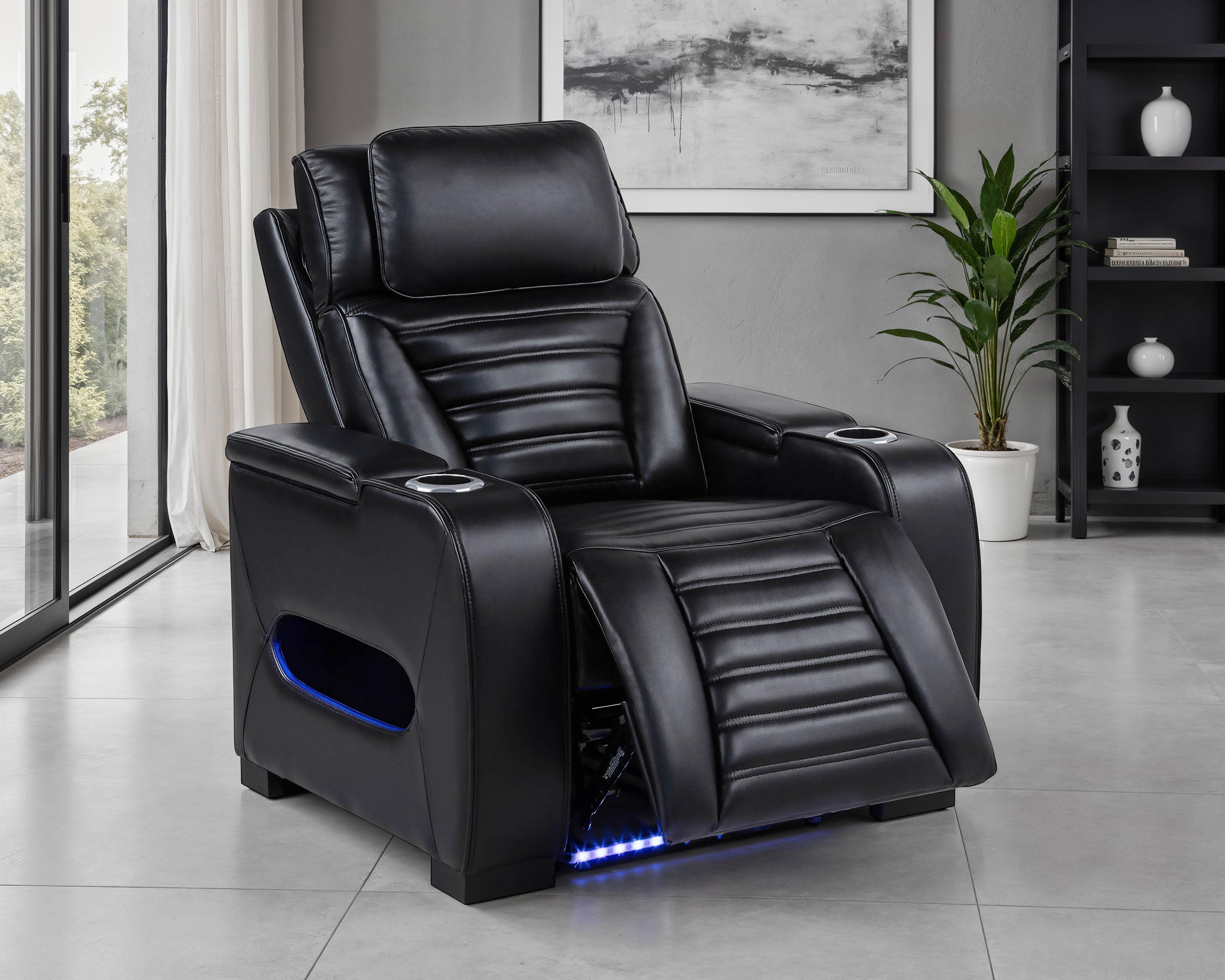 Zuma Faux Leather Upholstered Dual Power LED Recliner Black-