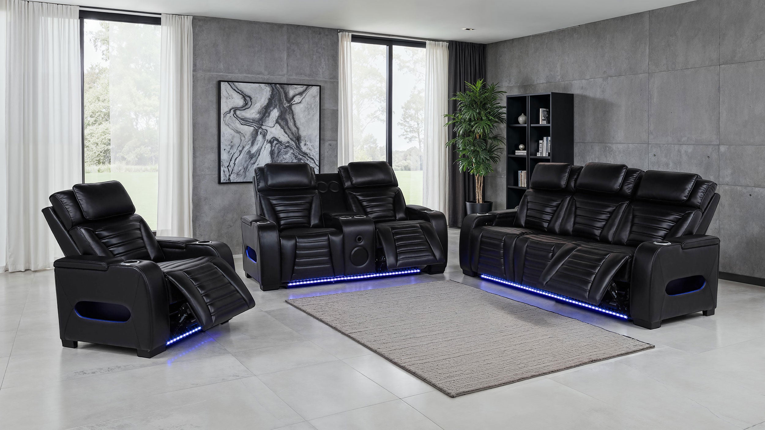 Zuma Faux Leather Upholstered Dual Power LED Recliner Black-