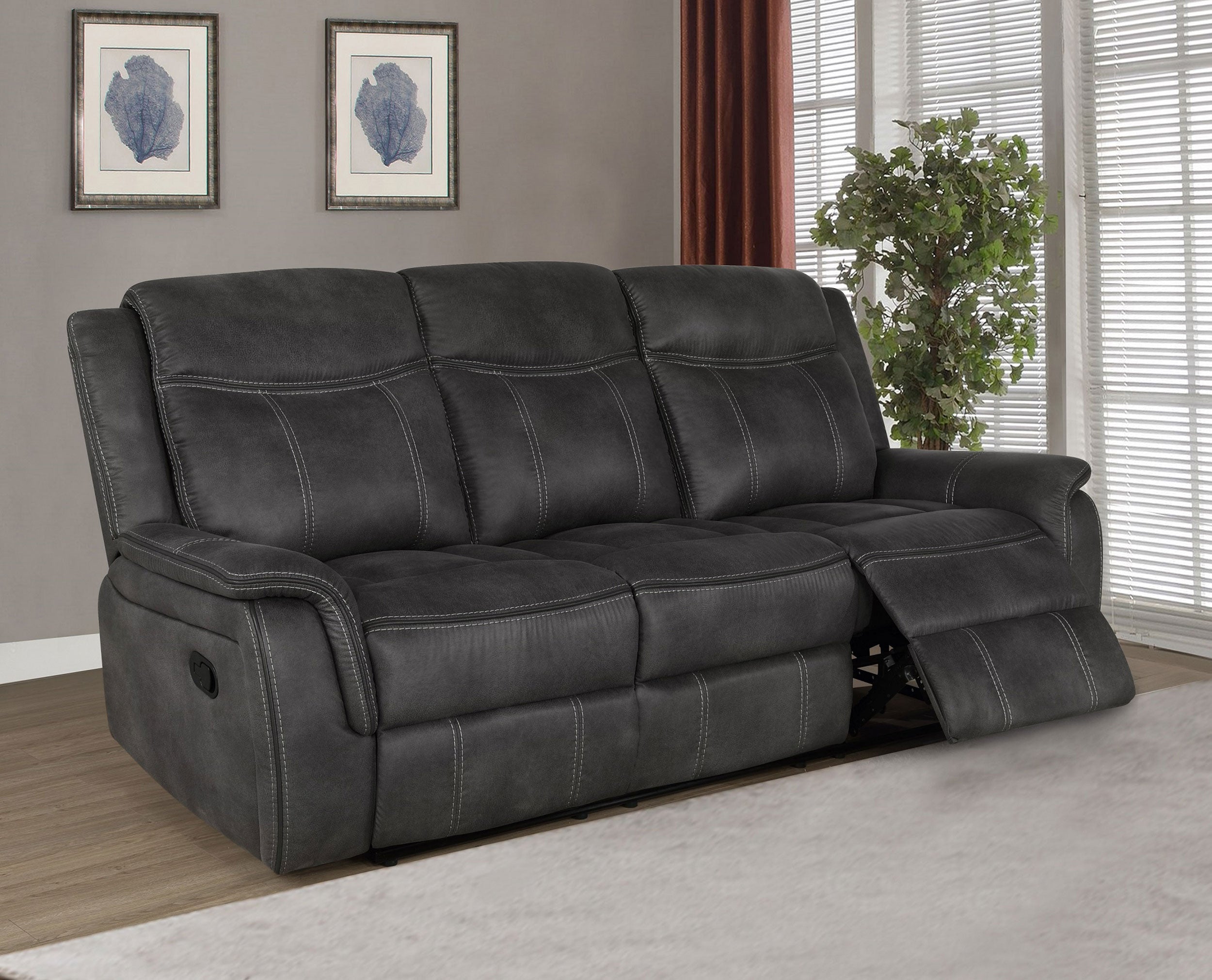 Lawrence Upholstered Padded Arm Reclining Sofa Charcoal-CoasterEveryday