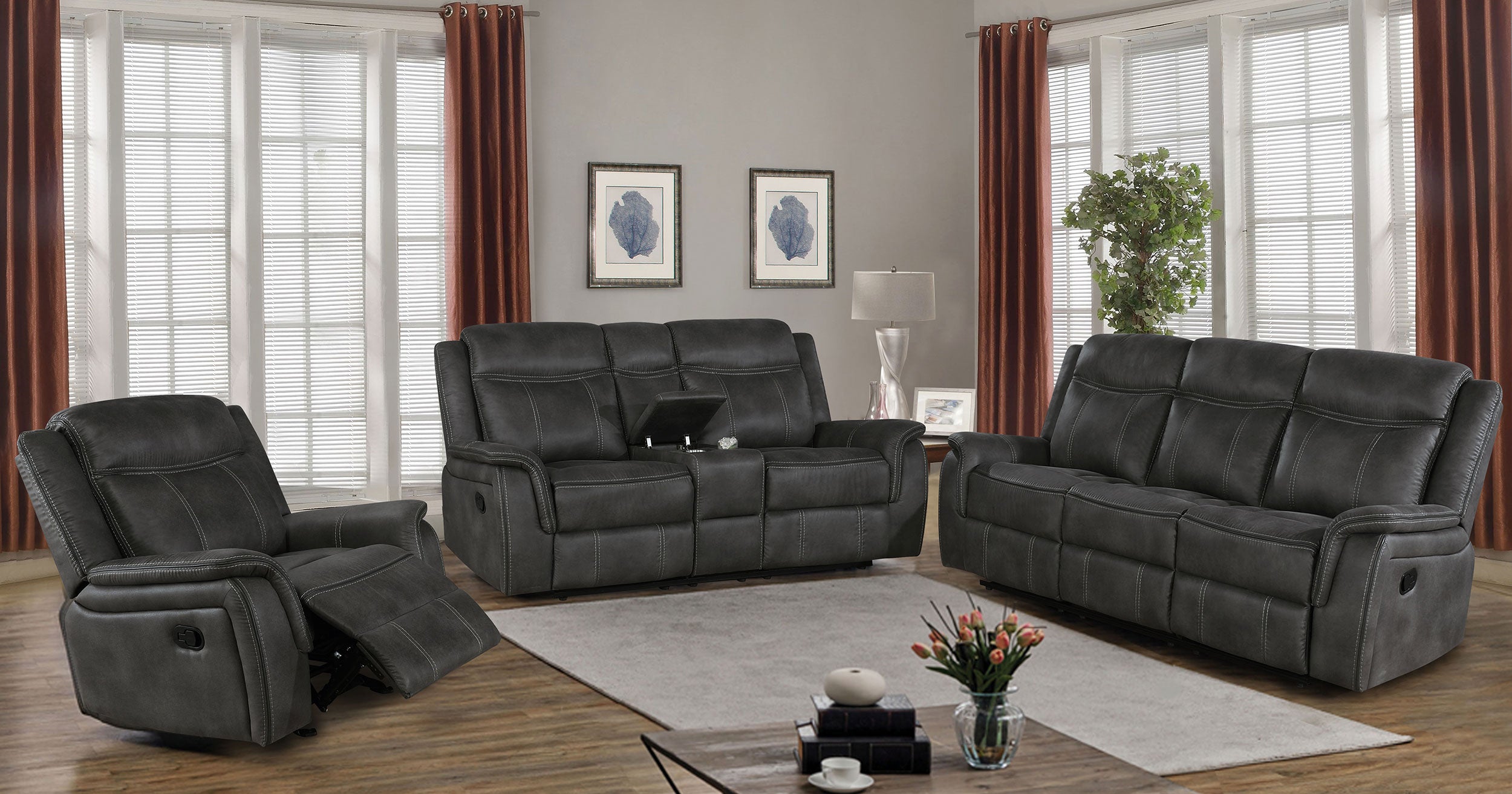 Lawrence Upholstered Padded Arm Reclining Sofa Charcoal-CoasterEveryday