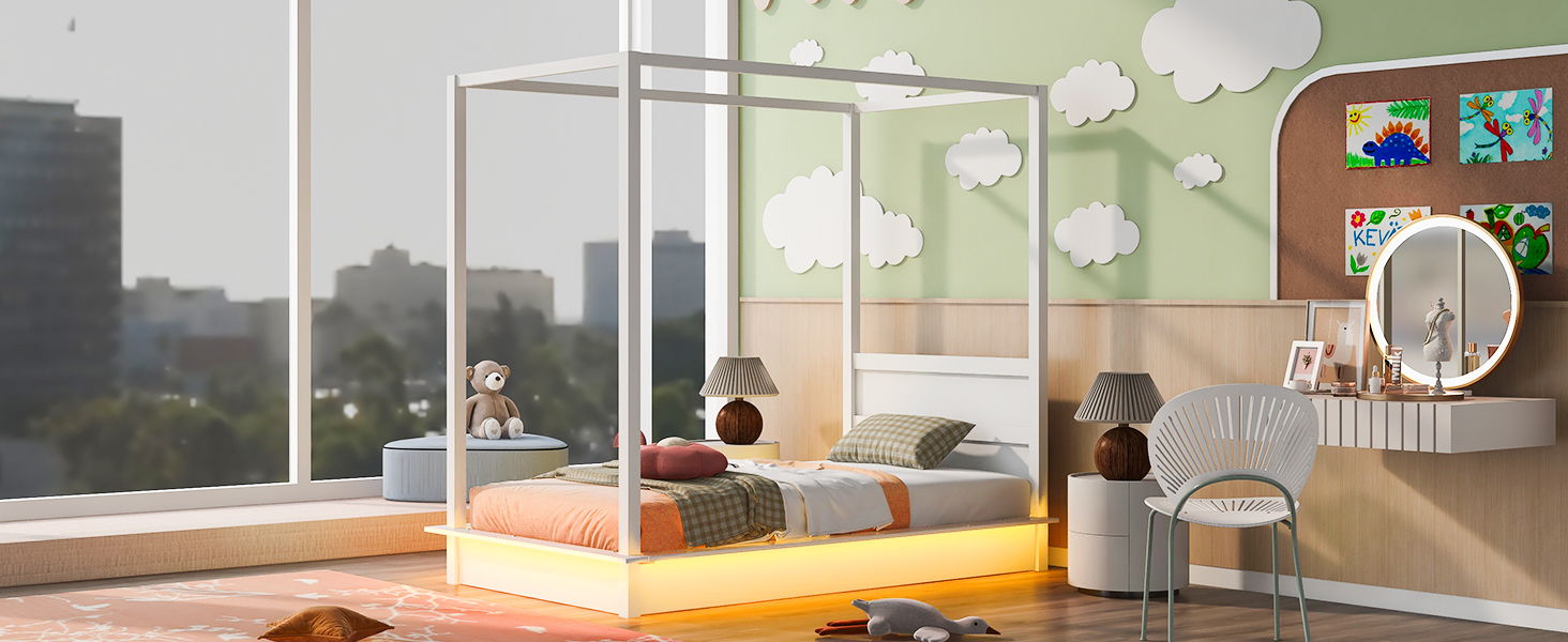 LED Canopy Bed, Canopy Platform Bed With Support Slats, No Box Spring Needed