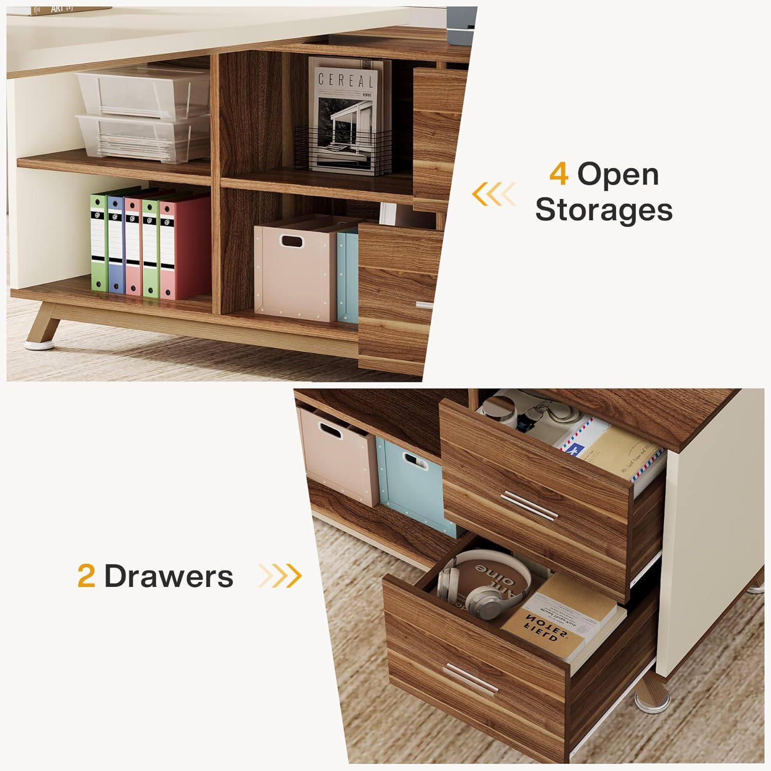 L-Shaped Executive Desk With File Cabinet, Computer Workstation With Drawers And Shelves For Home Office - White / Walnut