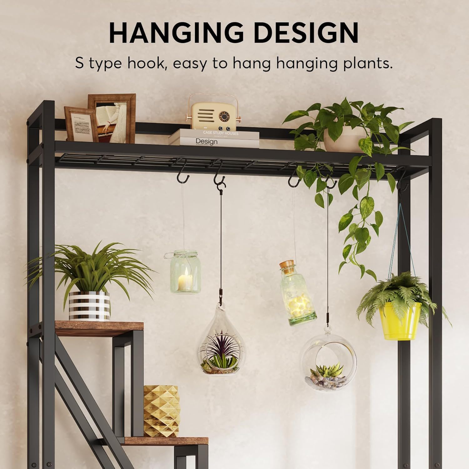 7 Tier Indoor Plant Stand With 5 S-Hooks - Brown / Black