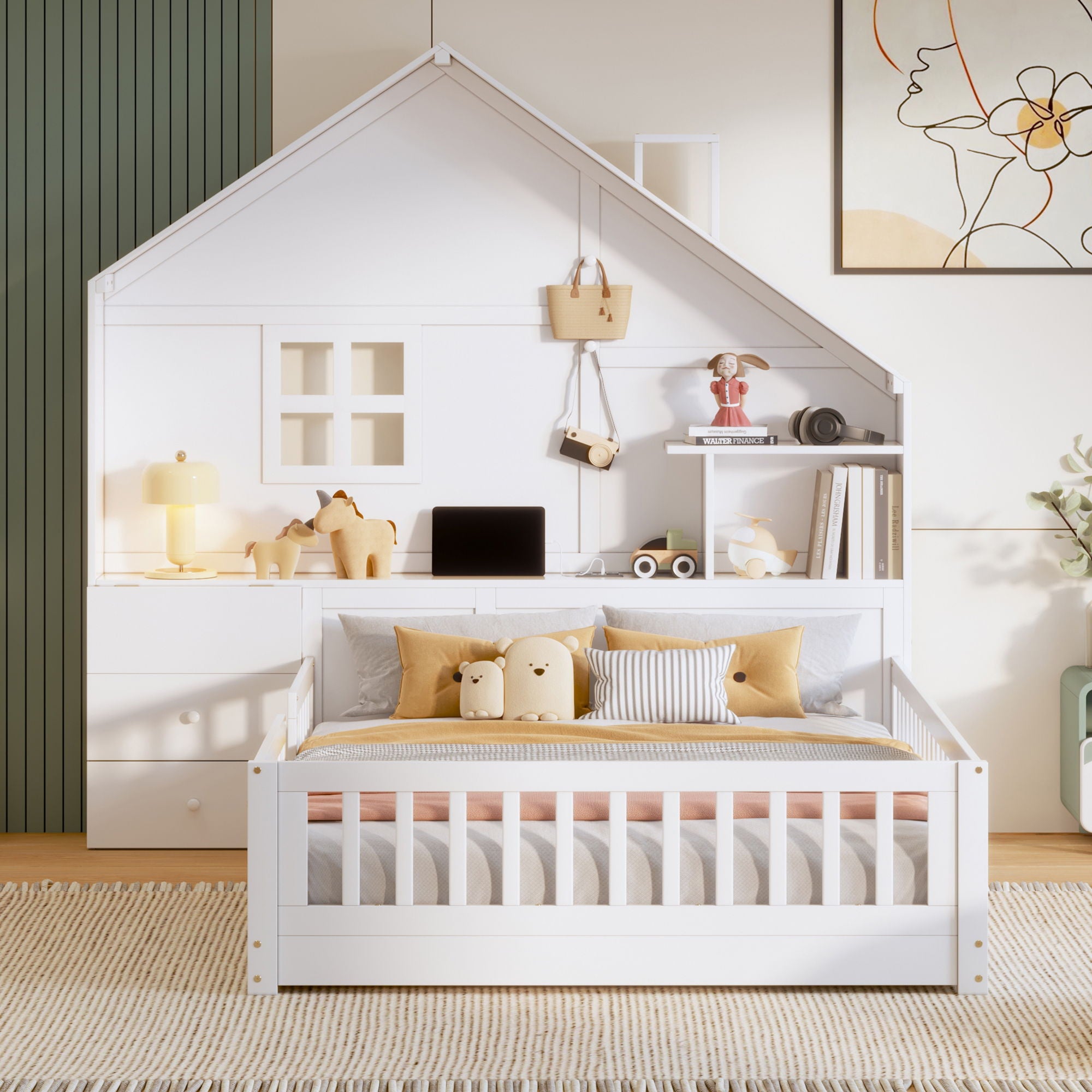 Full Size House Bed With Window And Bedside Drawers, Platform Bed With Shelves And A Set Of Sockets And USB Port - White