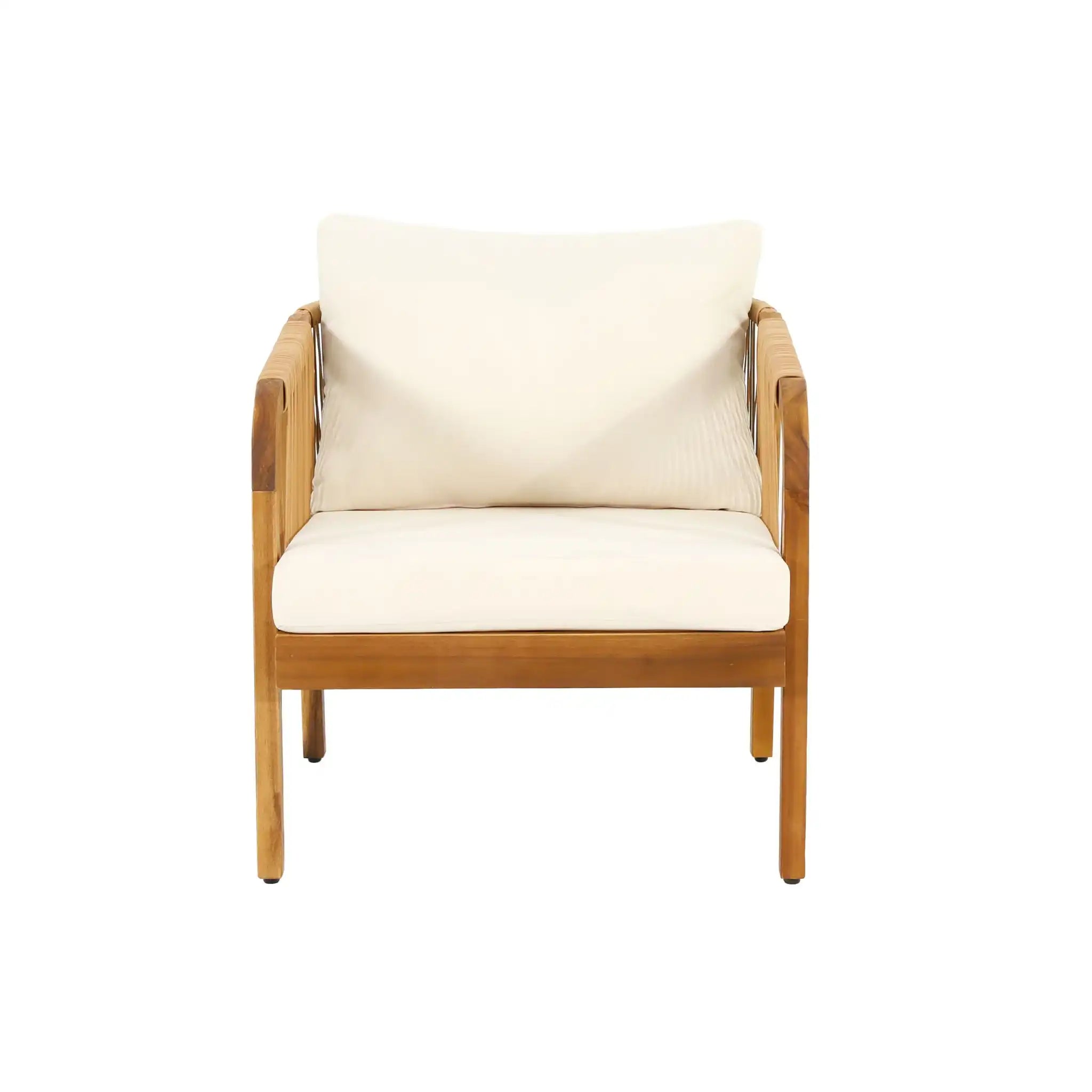 Acacia Wood And Wicker Outdoor Club Chair, Deep Seating With Soft Cushion, Porch Chairs For Garden, Backyard Porch Balcony - Brown / Beige