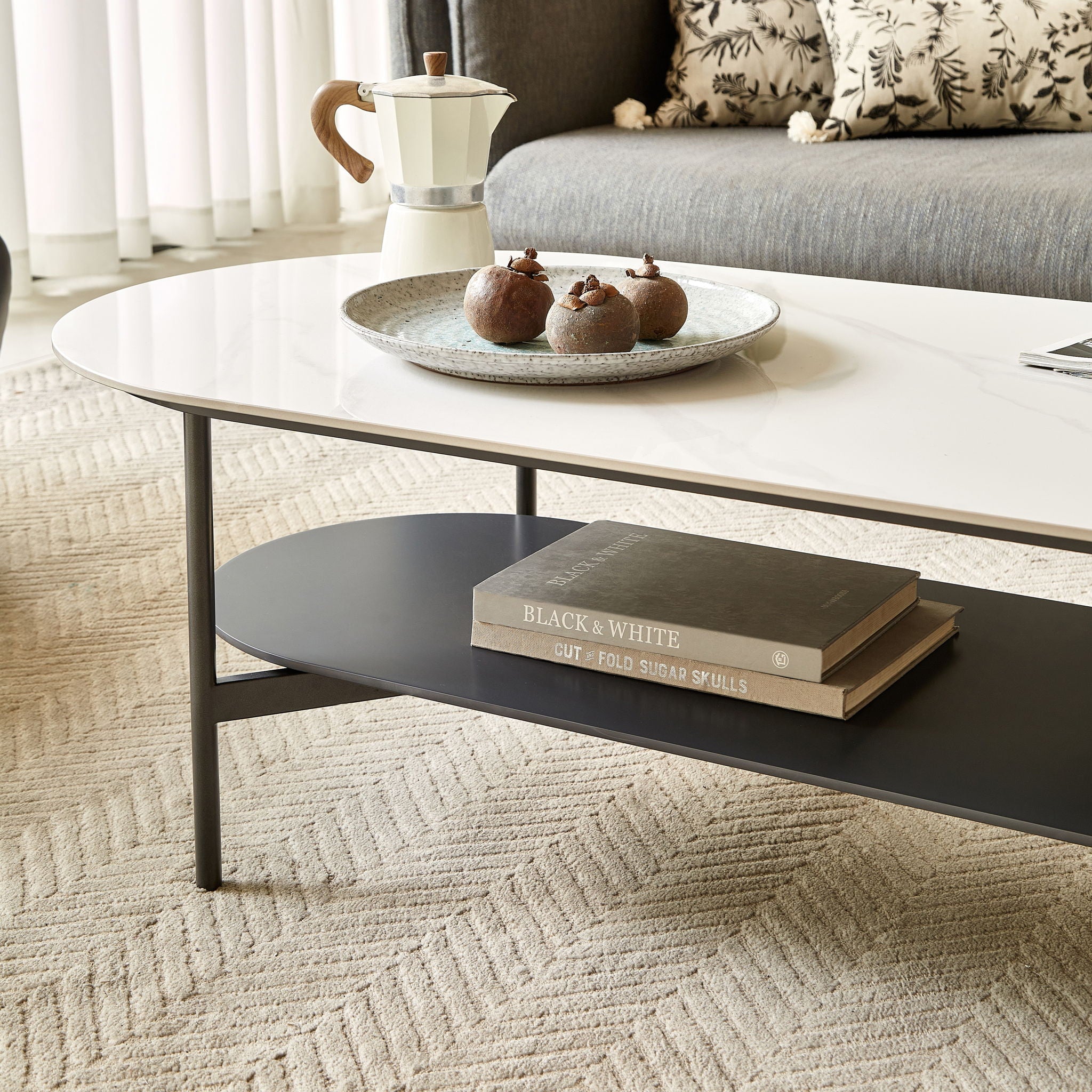 Contemporary Coffee Table Sintered Stone Surface With Ceramic Finish Double Layer Design Base Matte Shelf Modern Living Room Center Table - White / Gray