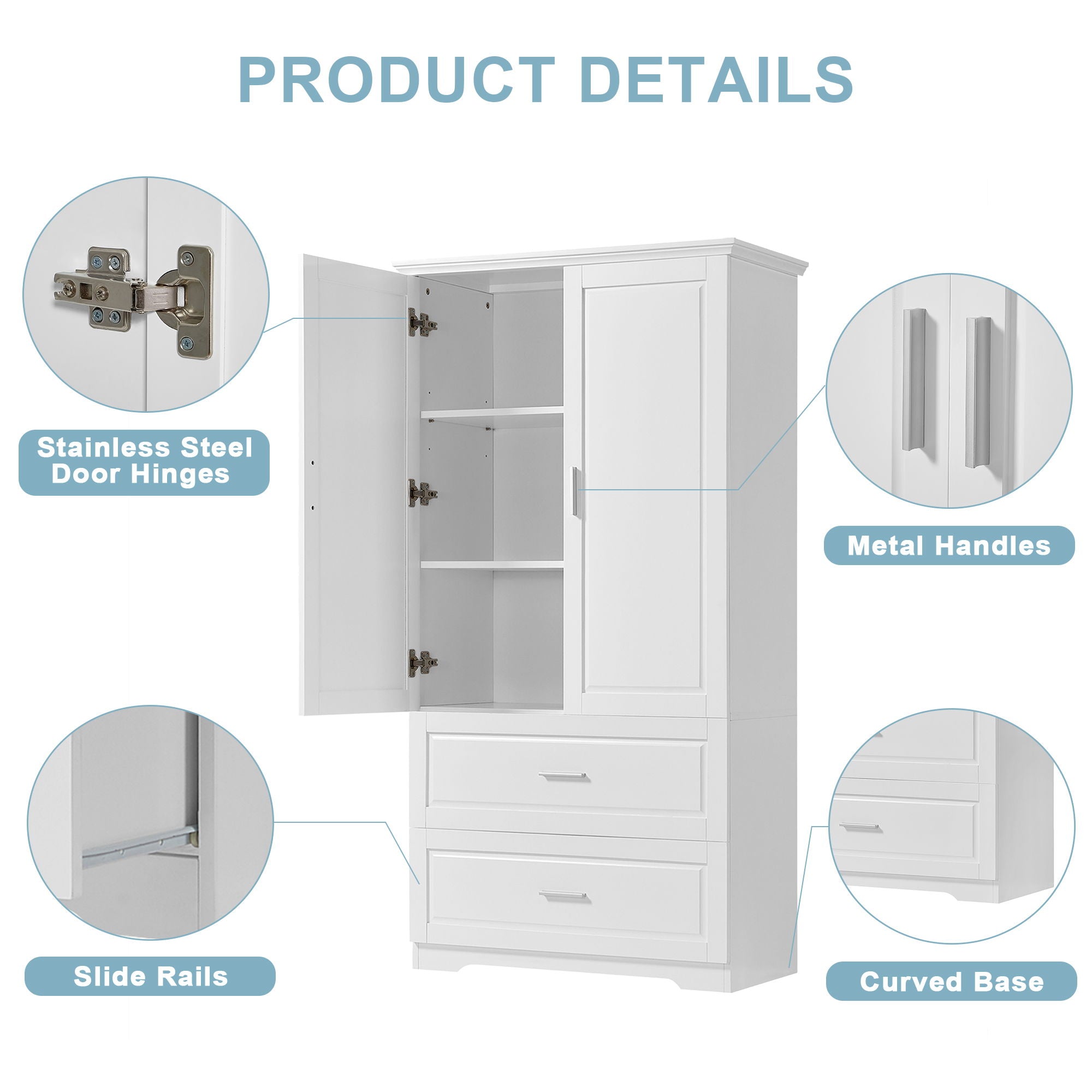 Tall Bathroom Storage Cabinet, Cabinet With 2 Doors And Drawers, Adjustable Shelf