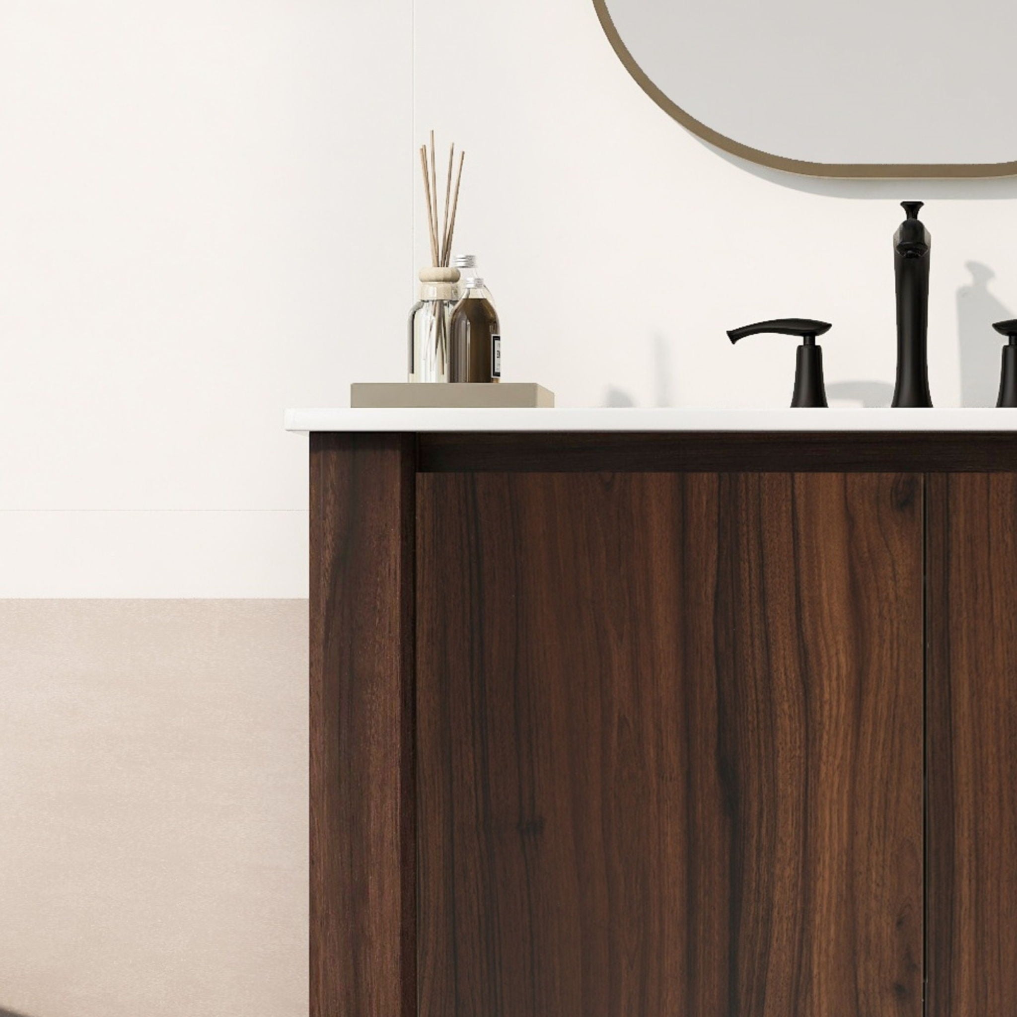 36" Modern Bathroom Vanity With Rectangle Ceramic Sink, Bathroom Cabinet And 45 Degrees Free Handle Design Soft Closing Doors, 1 Open Shelf At The Bottom - Dark Brown